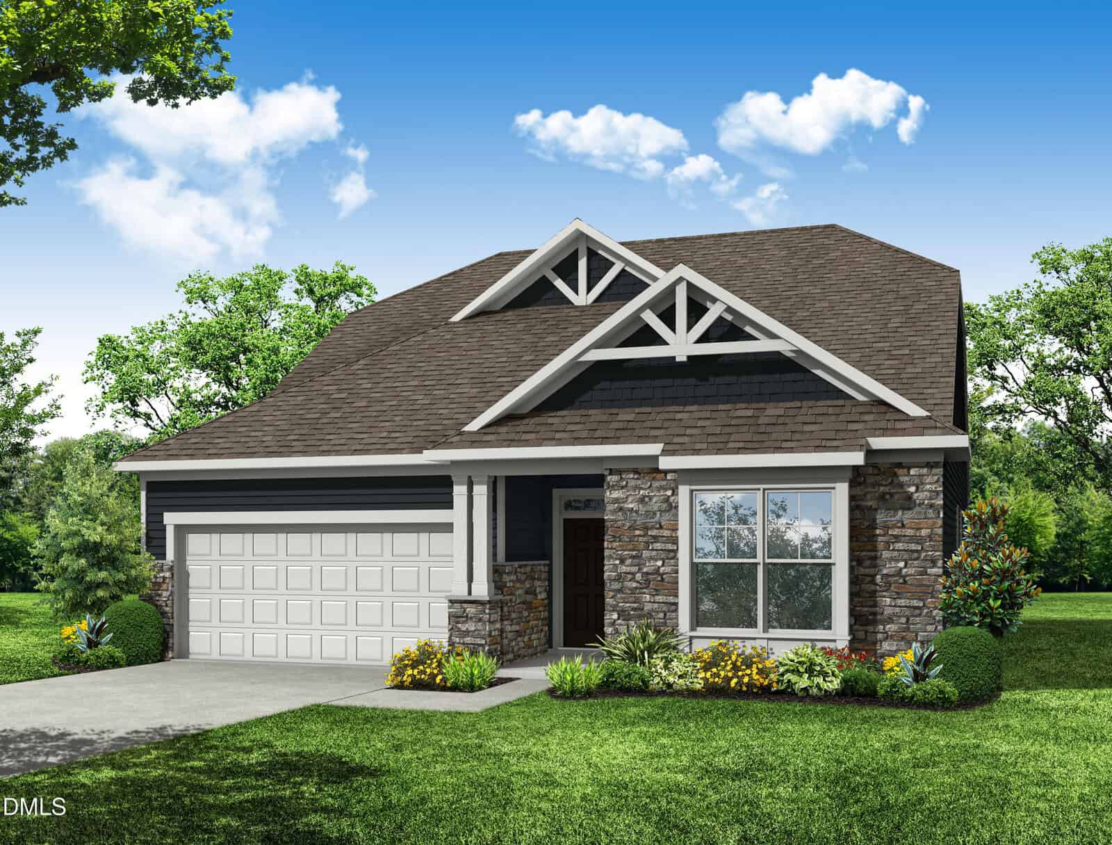 A single-story suburban house at 260 Sawtooth Oak Lane in Youngsville features a dark roof, stone and siding exterior, two-car garage, front porch, and landscaped yard with shrubs and flowers, set against a backdrop of green grass, trees, and a blue sky with clouds.