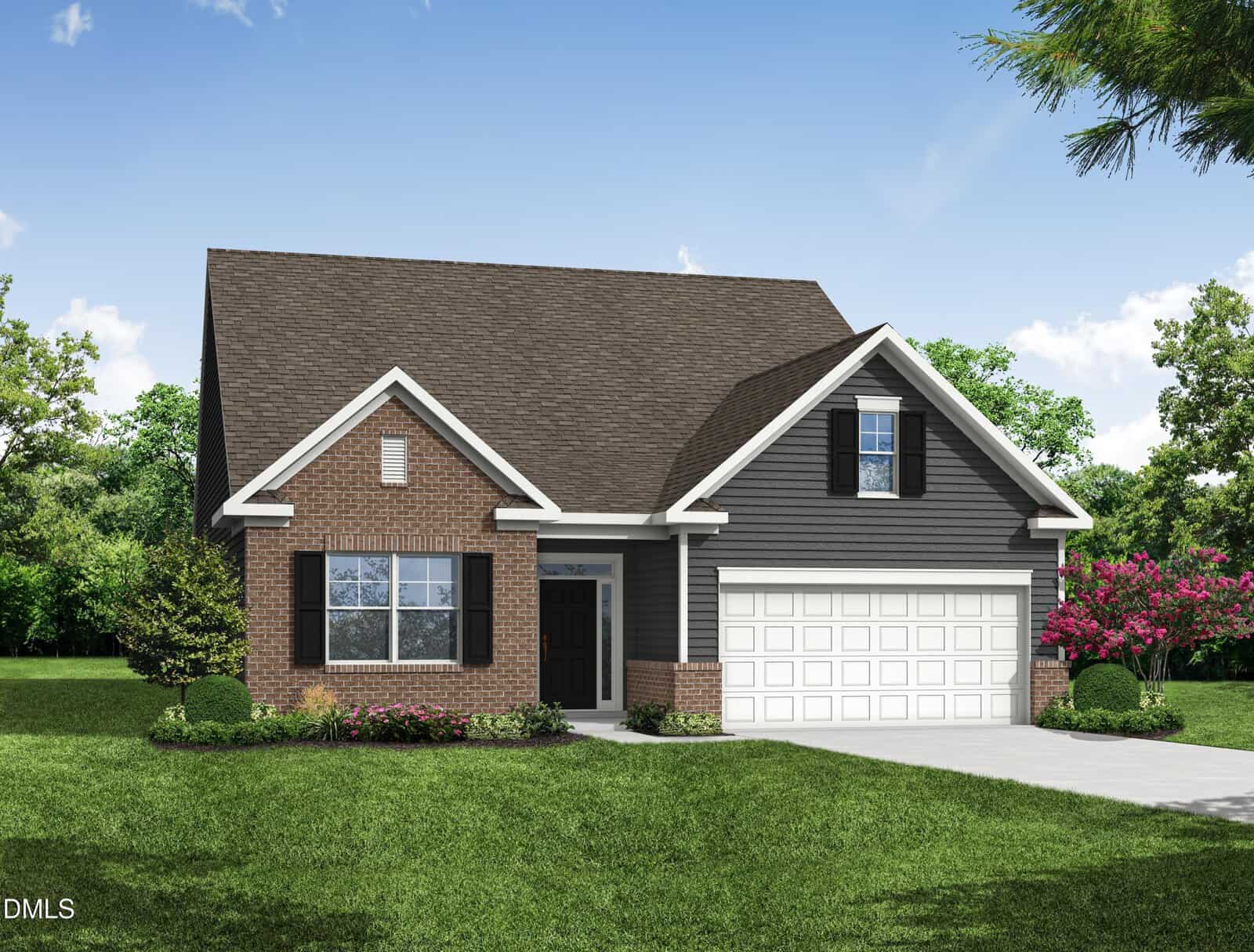 A single-story suburban house with brick and dark siding, white trim, a front porch, black shutters, and a two-car white garage, surrounded by green lawn, shrubs, and trees under a clear blue sky.