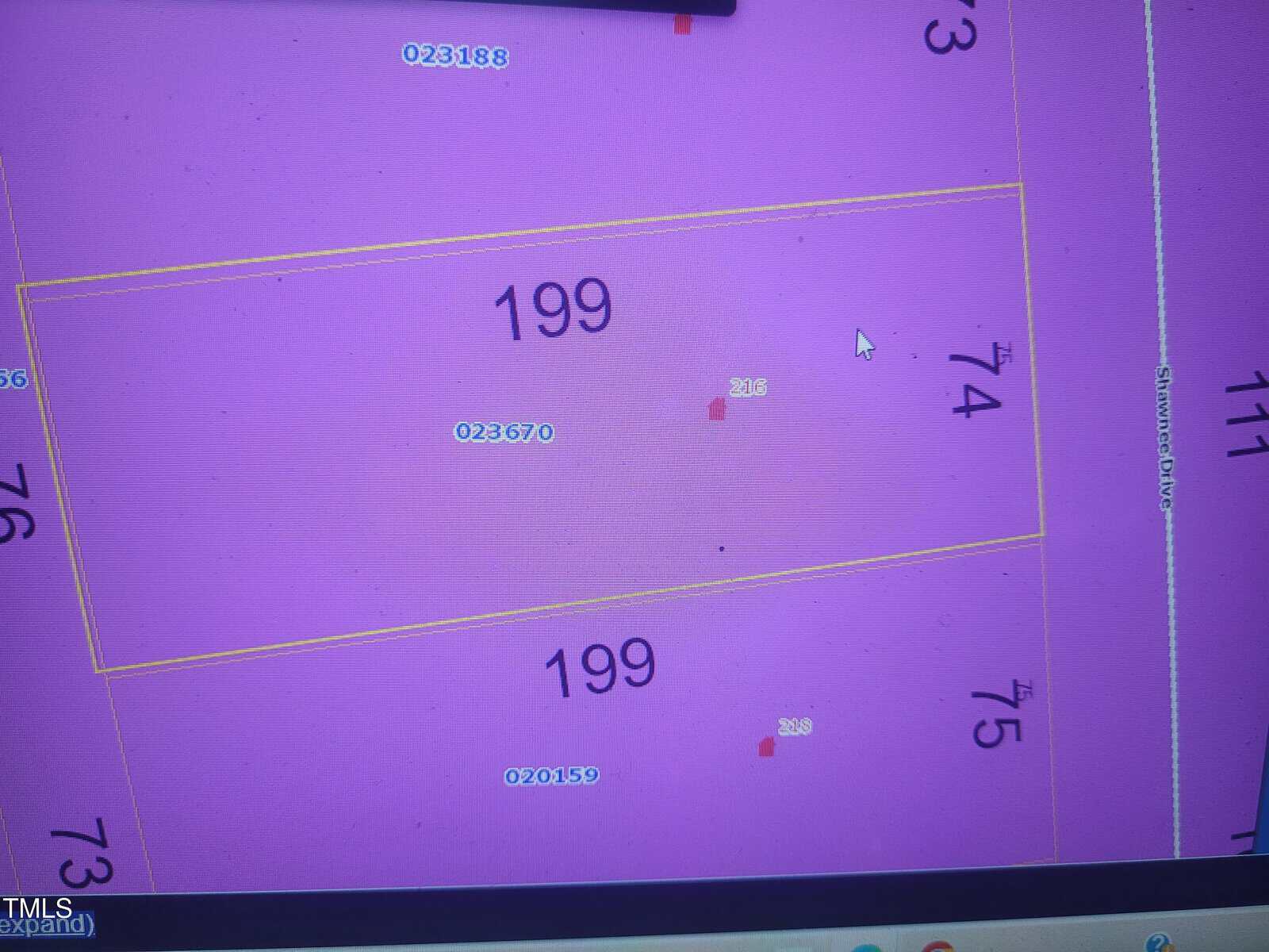 A digital map shows a rectangular plot labeled 199, outlined in yellow, with adjoining plots 74, 75, and 76. The map background is purple, and there are several small red and blue numbered markers inside and around the plot.