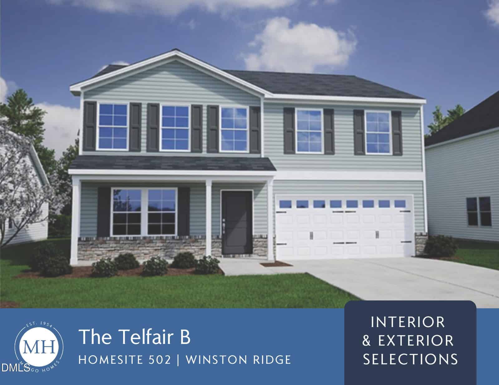 Two-story house with gray siding, white trim, and a double garage. Five windows are on the upper level, four on the lower level. Shrubs line the front. A blue banner at the bottom displays text about the home and community.