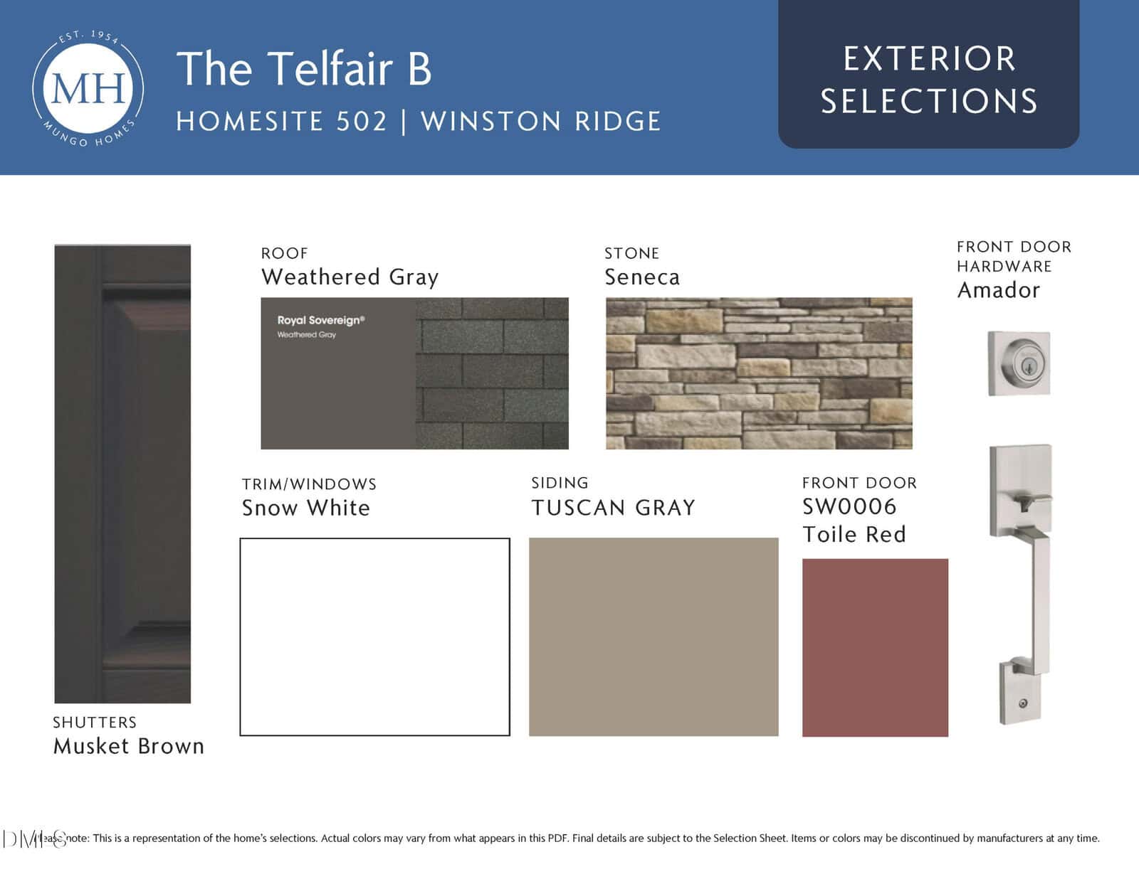 A design board displays exterior selections for a home, including weathered gray roof, Seneca stone, Amador front door hardware, musket brown shutters, snow white trim, Tuscan gray siding, and SW0006 Toile Red door.
