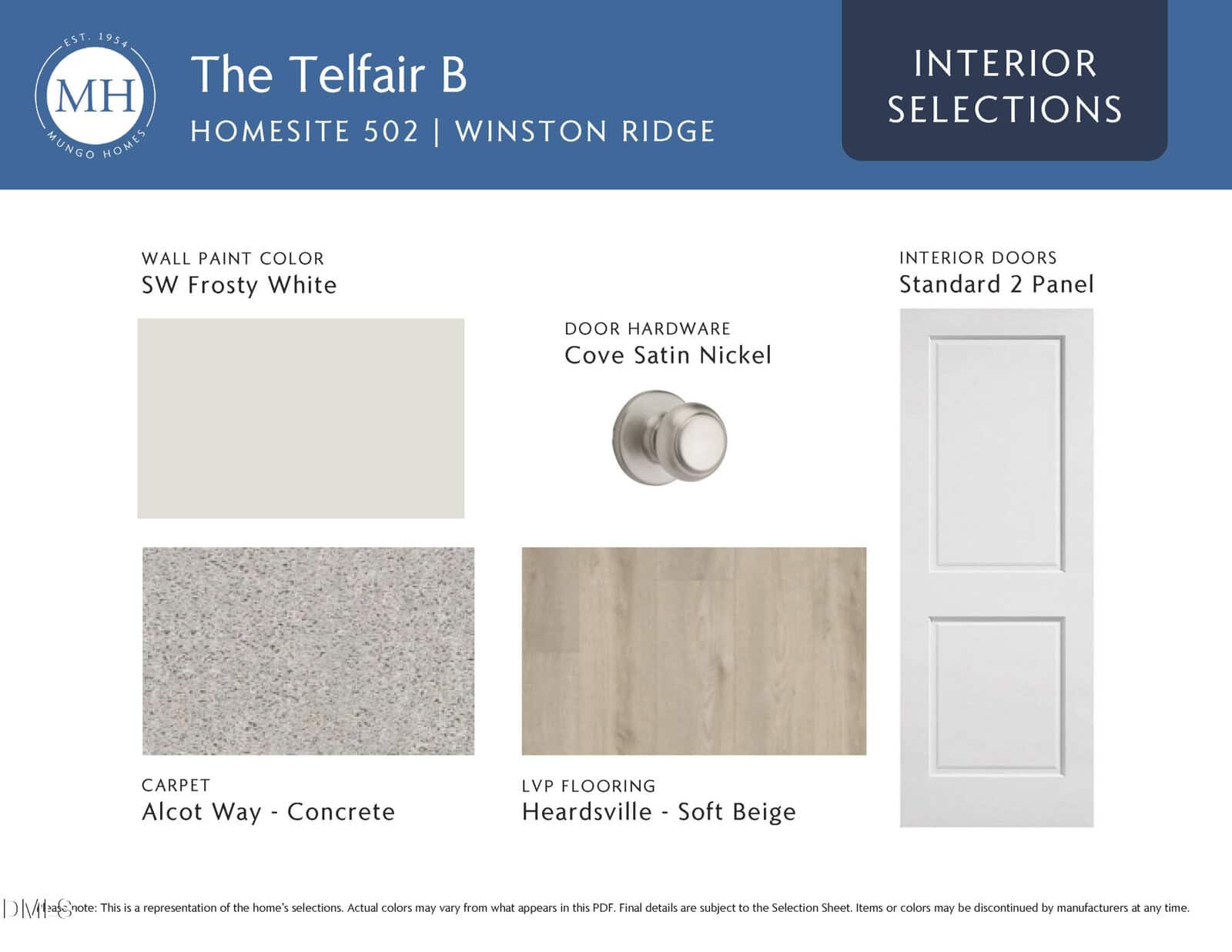 A selection board shows wall paint SW Frosty White, Cove Satin Nickel door hardware, standard 2-panel interior doors, Alcott Way Concrete carpet, and Heardsville Soft Beige LVP flooring for The Telfair B home.