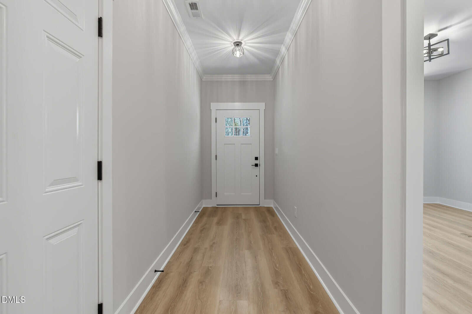 A bright entry hallway with light wood flooring, light gray walls, white trim, a white front door with a small window, and a modern ceiling light fixture. An adjacent room with similar flooring is visible on the right.