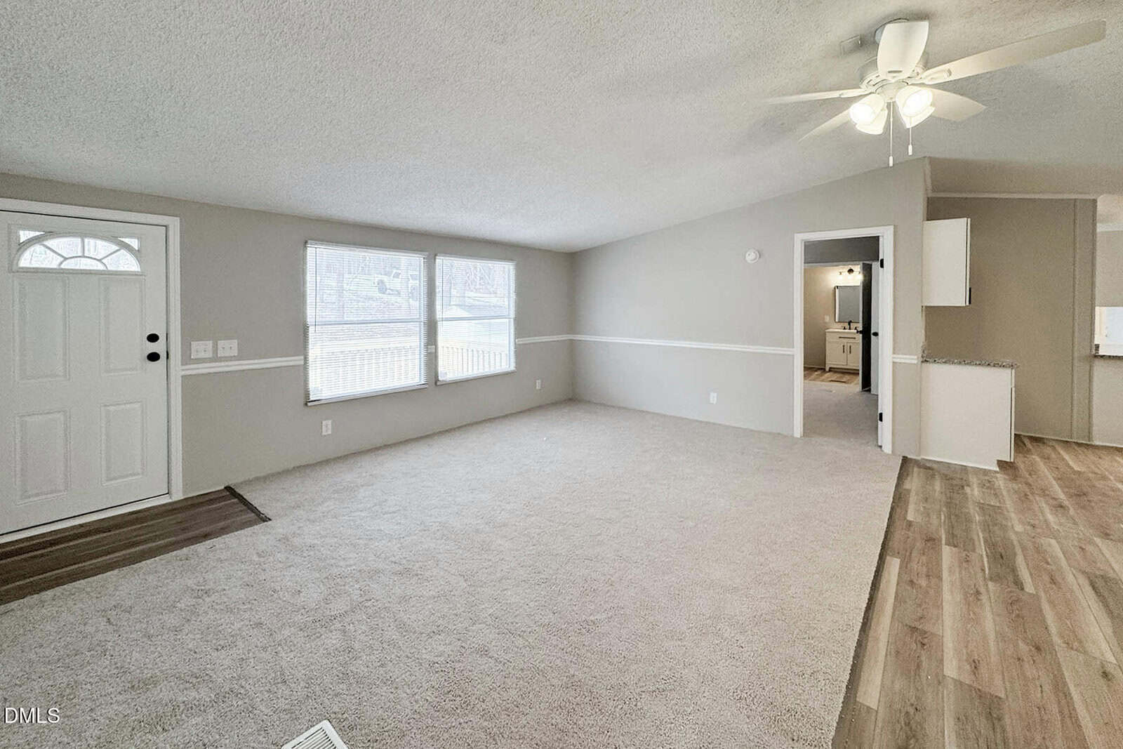 Spacious, empty living room with light beige carpet, large windows, a white front door, ceiling fan with lights, and an open view into the kitchen area with wood-style flooring. Walls are painted a light neutral color.