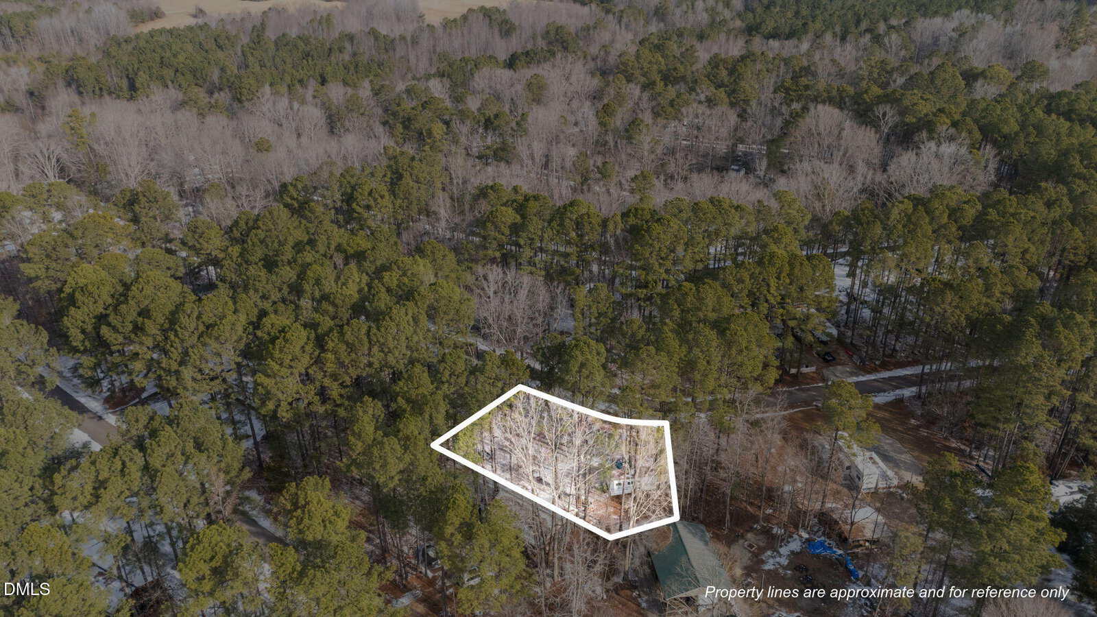 A wooded residential area with an outlined property in the center, surrounded by tall trees. Nearby houses and roads are visible, and the property boundary is marked in white for reference.