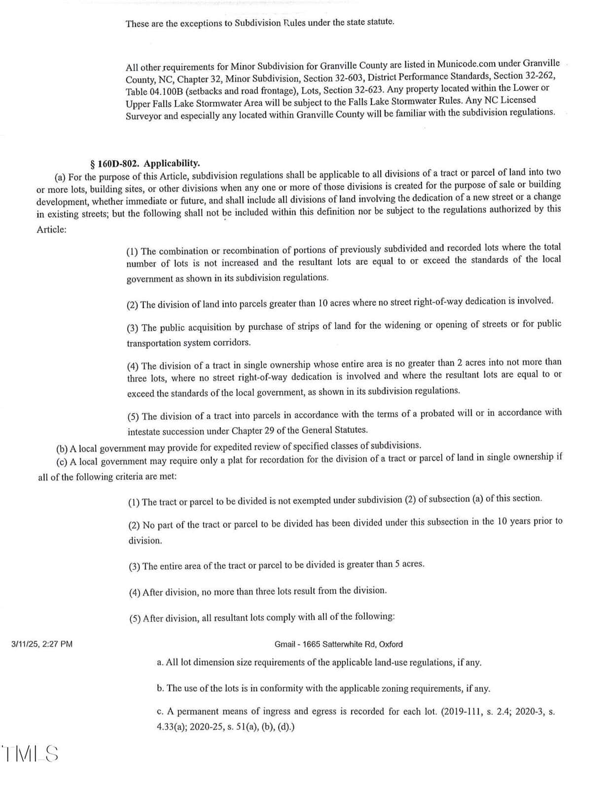 A close-up photo of a printed legal document detailing subdivision regulations, including sections on applicability, requirements, and rules for Granville County. The text appears dense with legislative references and formatting.