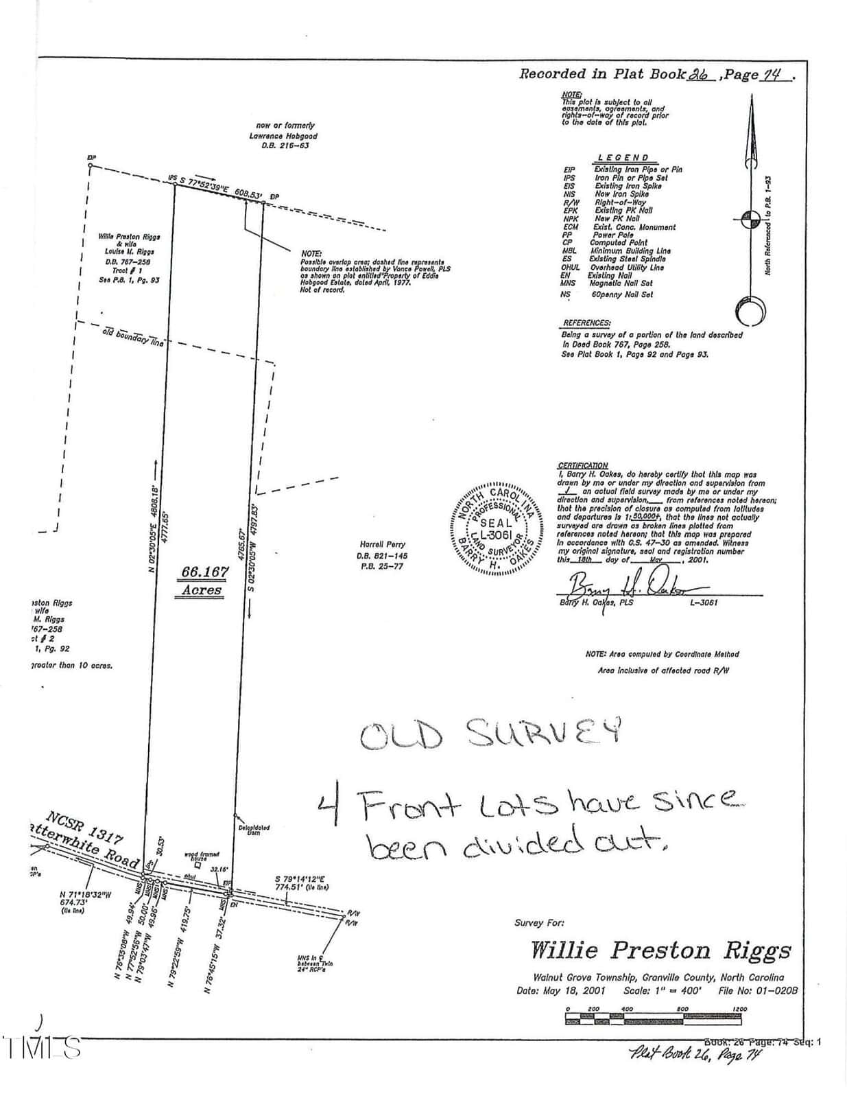 A land survey plat showing a 66.167-acre tract with boundaries, measurements, a north arrow, notes, certification seals, and handwritten text noting some lots have since been divided out.
