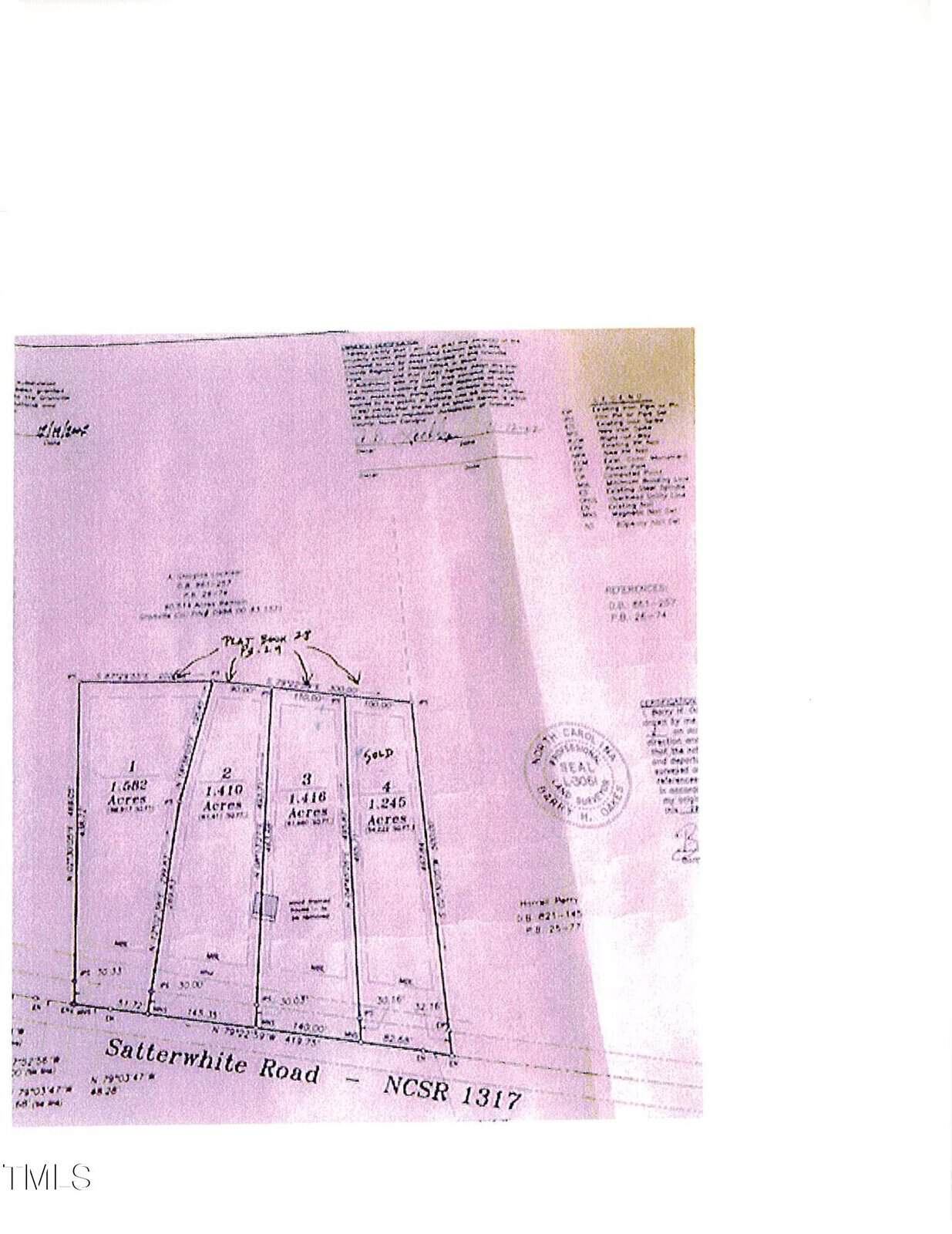 A scanned survey map showing three rectangular land parcels along Satterwhite Road, each labeled with acreage: 1.068, 1.110, and 1.046. Survey notes and official stamps appear around the property outlines.