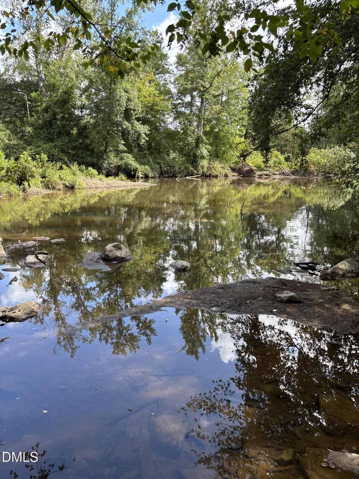 A calm, shallow river flows through a forested area with green trees reflected in the water. Rocks and branches are visible near the riverbank under a partly cloudy sky.