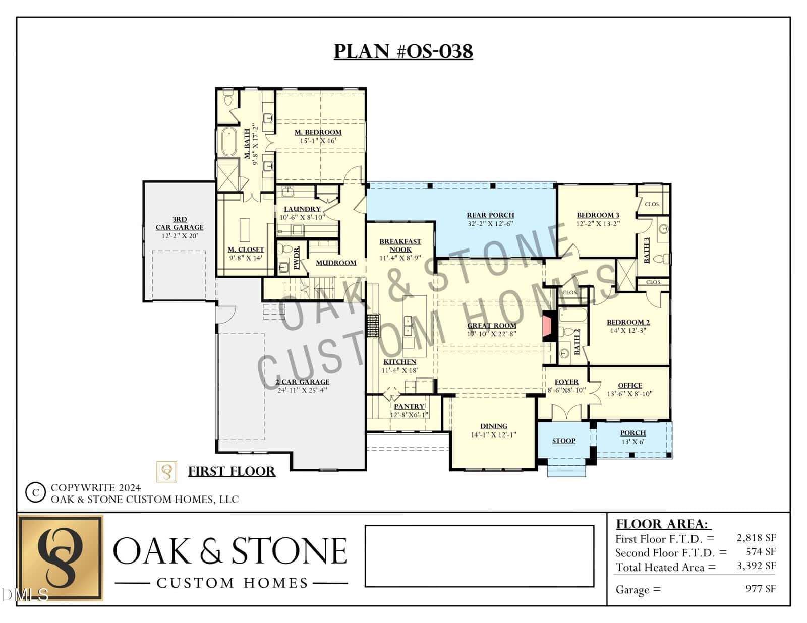 Floor plan for a single-story home labeled Plan #OS-038 by Oak & Stone Custom Homes, showing rooms including garage, kitchen, dining, living, pantry, laundry, master suite, bedrooms, bathrooms, office, and porches.