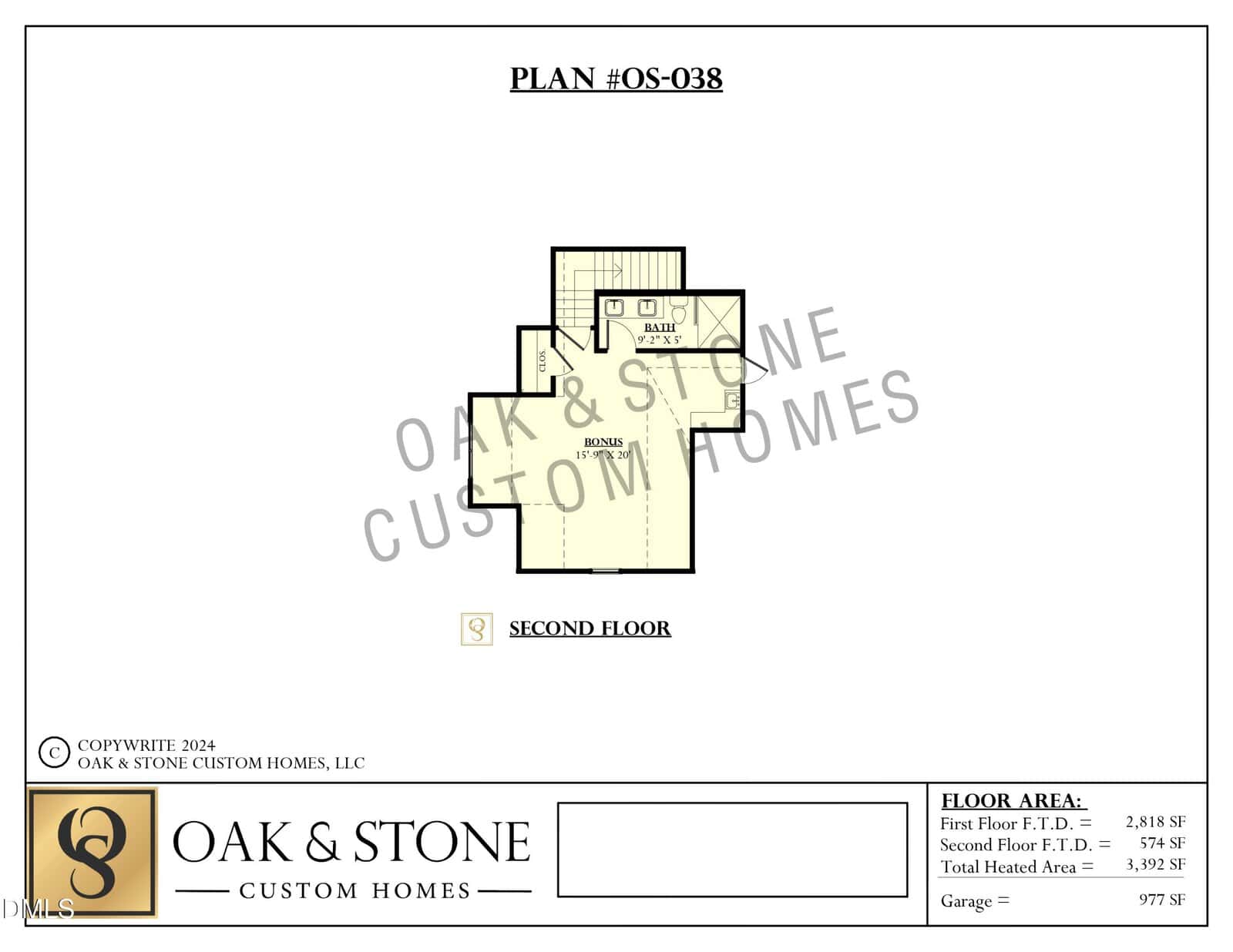 Second floor plan layout of a house, labeled "Bonus Room," with stairs shown. Chart at the bottom lists first and second floor areas, total heated area, and garage size. Oak & Stone Custom Homes logo is at the bottom.