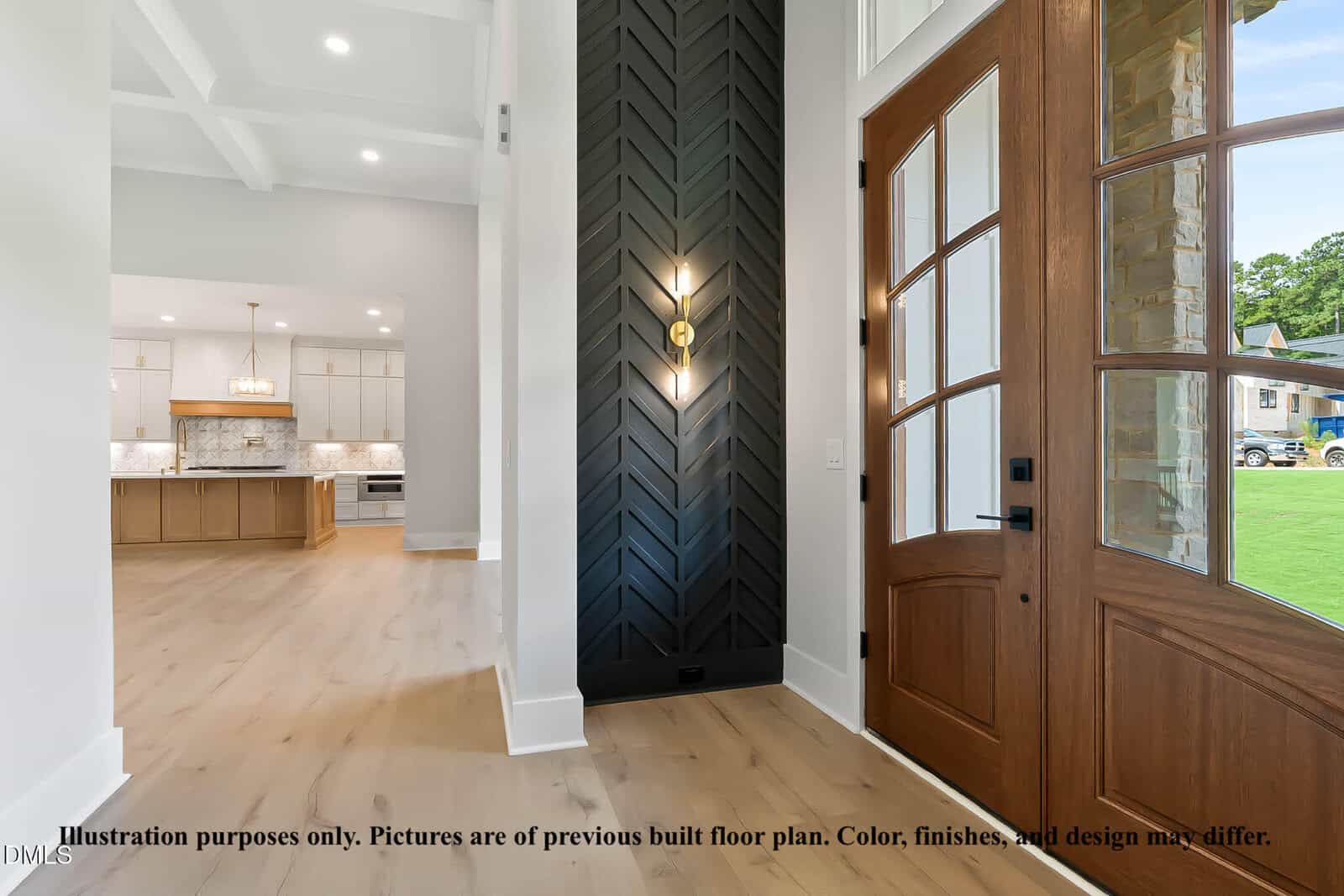 Modern home entryway with a dark chevron accent wall, wood double front doors with glass panes, and a view into a bright, open kitchen with light wood floors and white cabinetry. Text at bottom notes illustration purposes only.