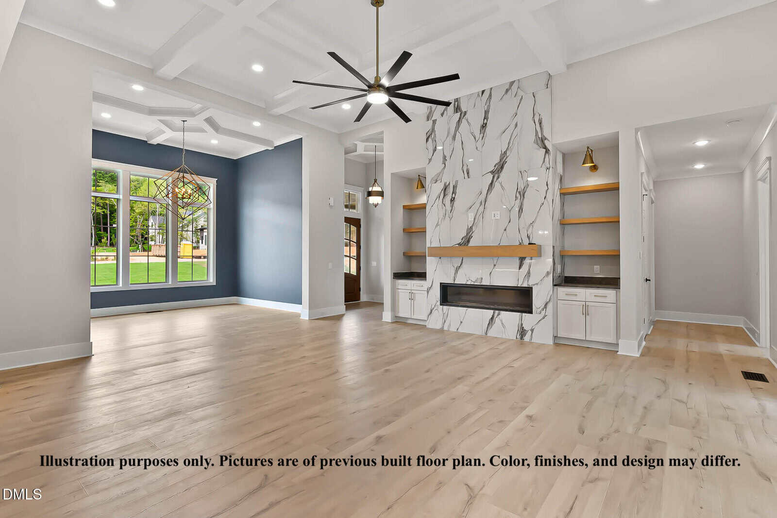 Spacious modern living room with light wood floors, coffered ceiling, large marble fireplace, built-in shelves, and large windows letting in natural light. Text at bottom notes image is for illustration purposes only.