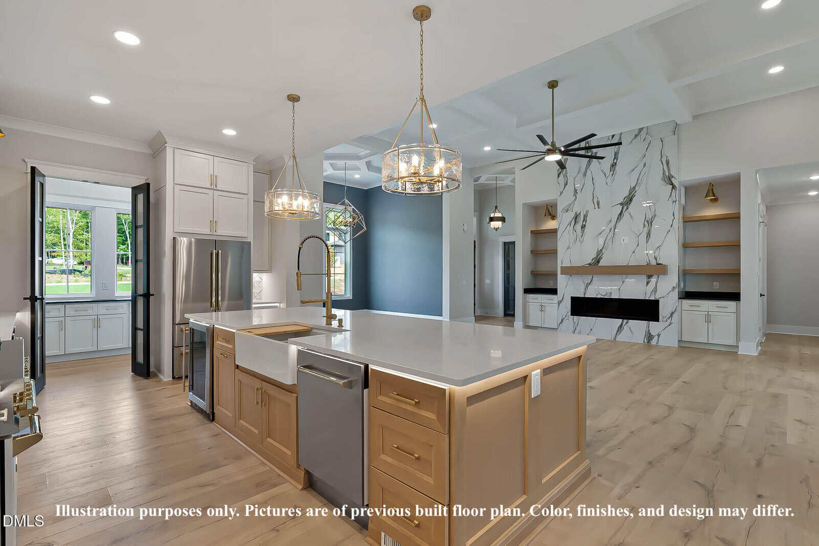 Modern kitchen with a large island, white cabinets, pendant lights, stainless steel appliances, and an adjacent living room featuring a marble fireplace, built-in shelves, and large windows. The image is for illustration purposes only.