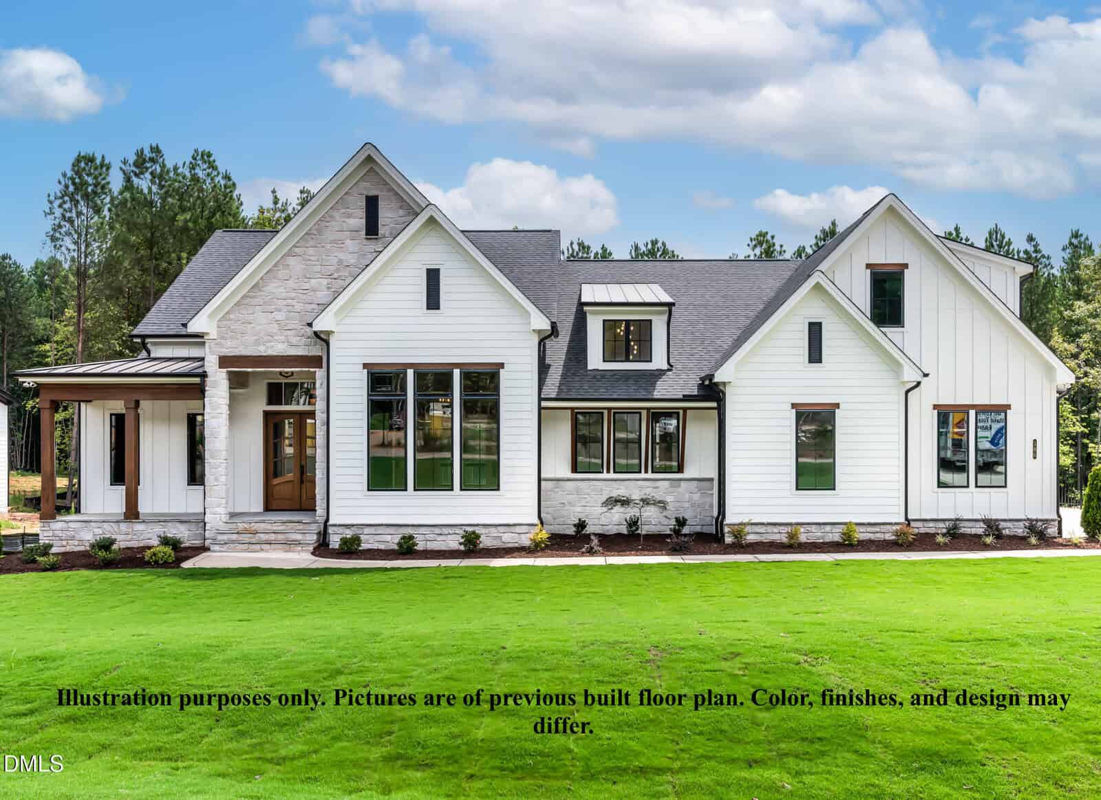 A modern, single-story house with white siding, stone accents, large windows, and a well-manicured lawn, set against a backdrop of trees and a blue sky. Text at the bottom states the image is for illustration purposes.