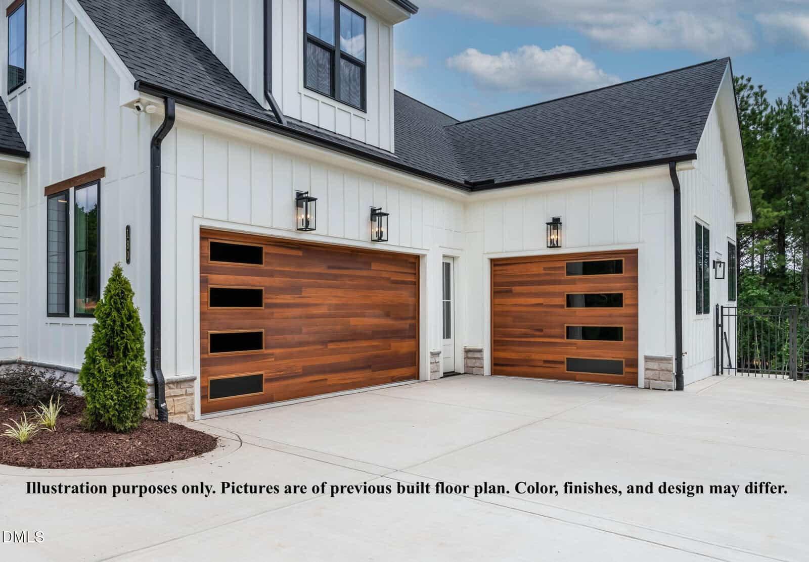 A modern house exterior with white board-and-batten siding, stone accents, and two wooden garage doors with horizontal windows. Text at the bottom notes the image is for illustration purposes only.