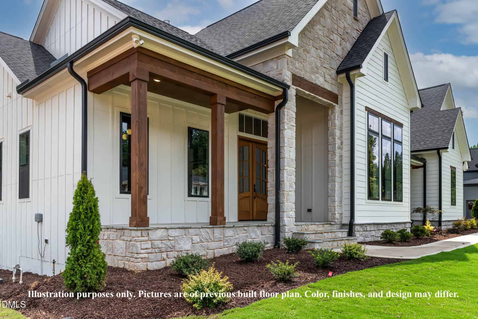 Modern suburban house with white siding, stone accents, tall windows, and a covered entryway with wooden columns. Manicured landscaping surrounds the front yard. Text at the bottom notes images are for illustration only.