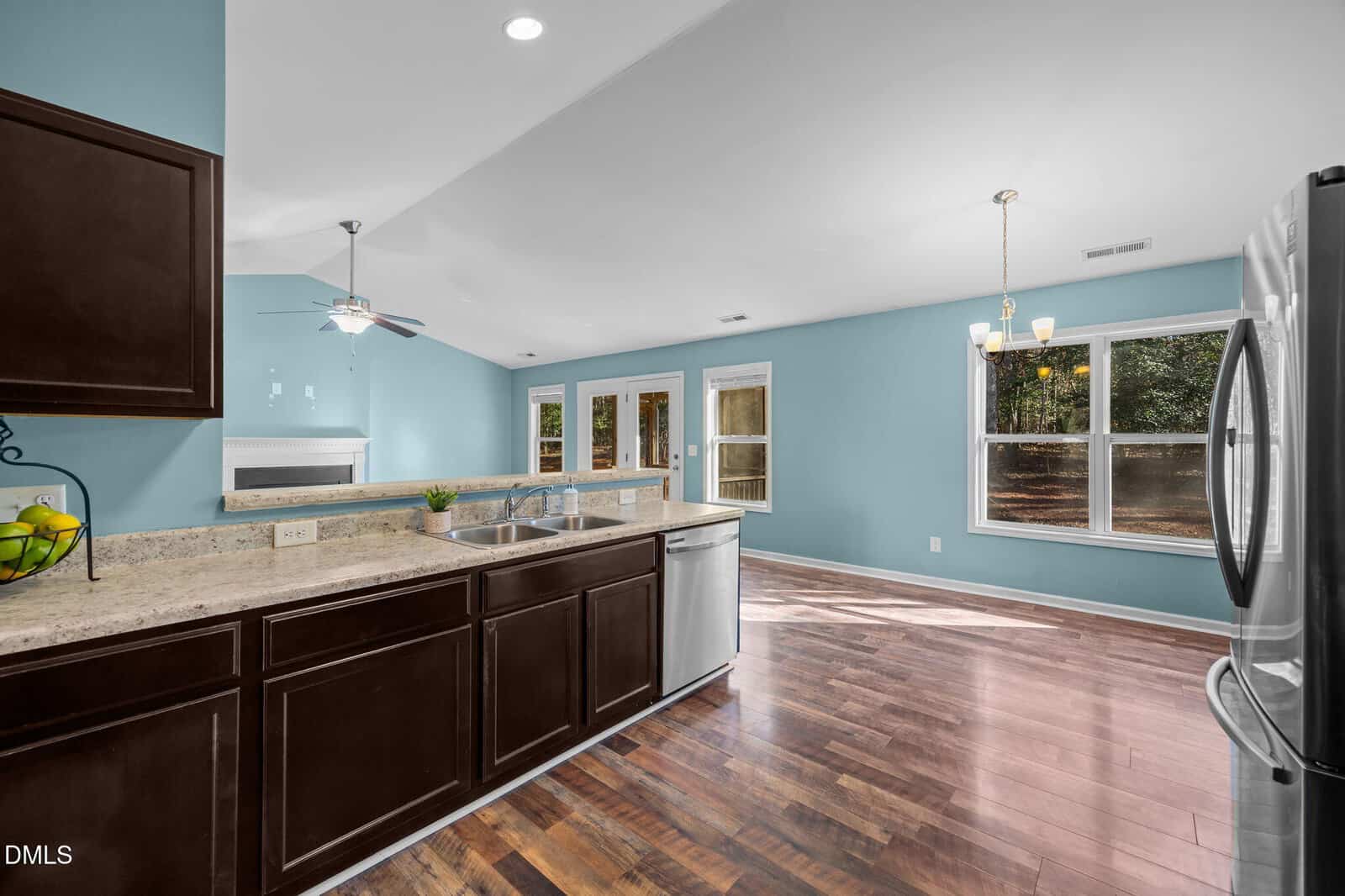 Modern kitchen with dark wood cabinets, stainless steel appliances, and a double sink opens to a dining area with large windows, light blue walls, and hardwood floors. Glass doors lead to a backyard with trees.