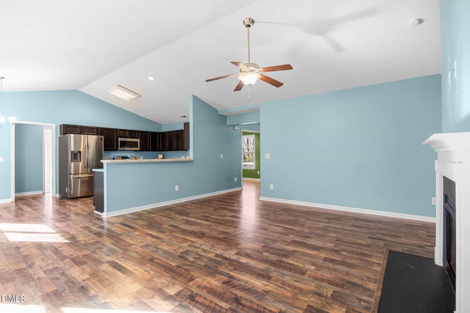 Spacious open-concept living area with wood floors, light blue walls, ceiling fan, fireplace, and a modern kitchen featuring dark cabinets and stainless steel appliances. Natural light streams in from multiple windows.
