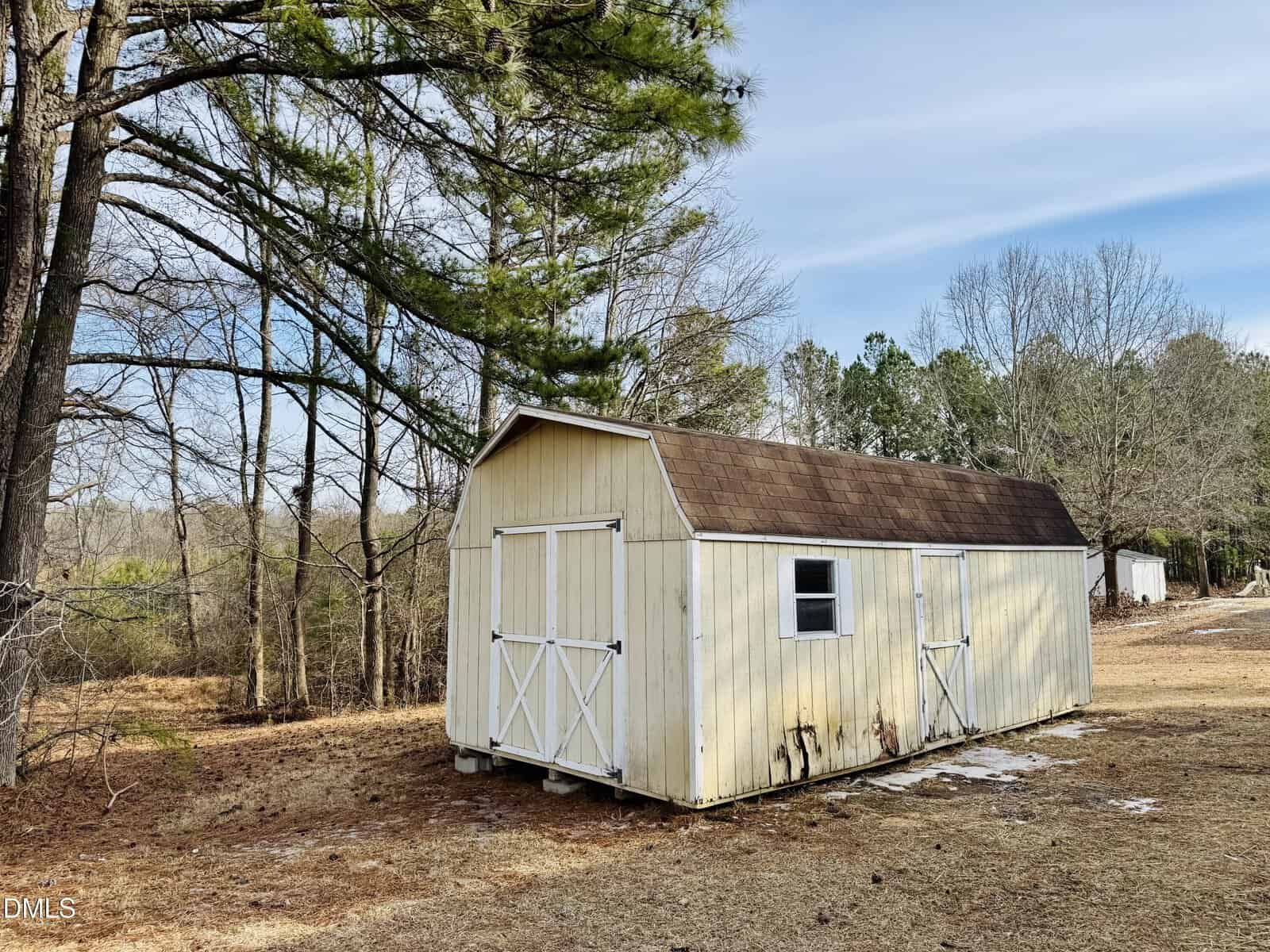 A pale yellow wooden shed with a brown roof and double doors stands on a patch of grass and dirt, surrounded by trees with bare branches under a partly cloudy sky.