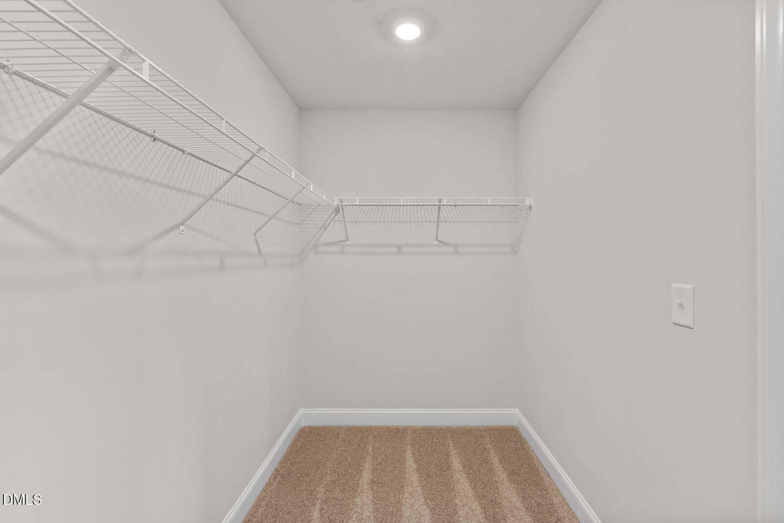 Empty walk-in closet with beige carpet, white walls, a ceiling light, and white wire shelving on the left and back walls.