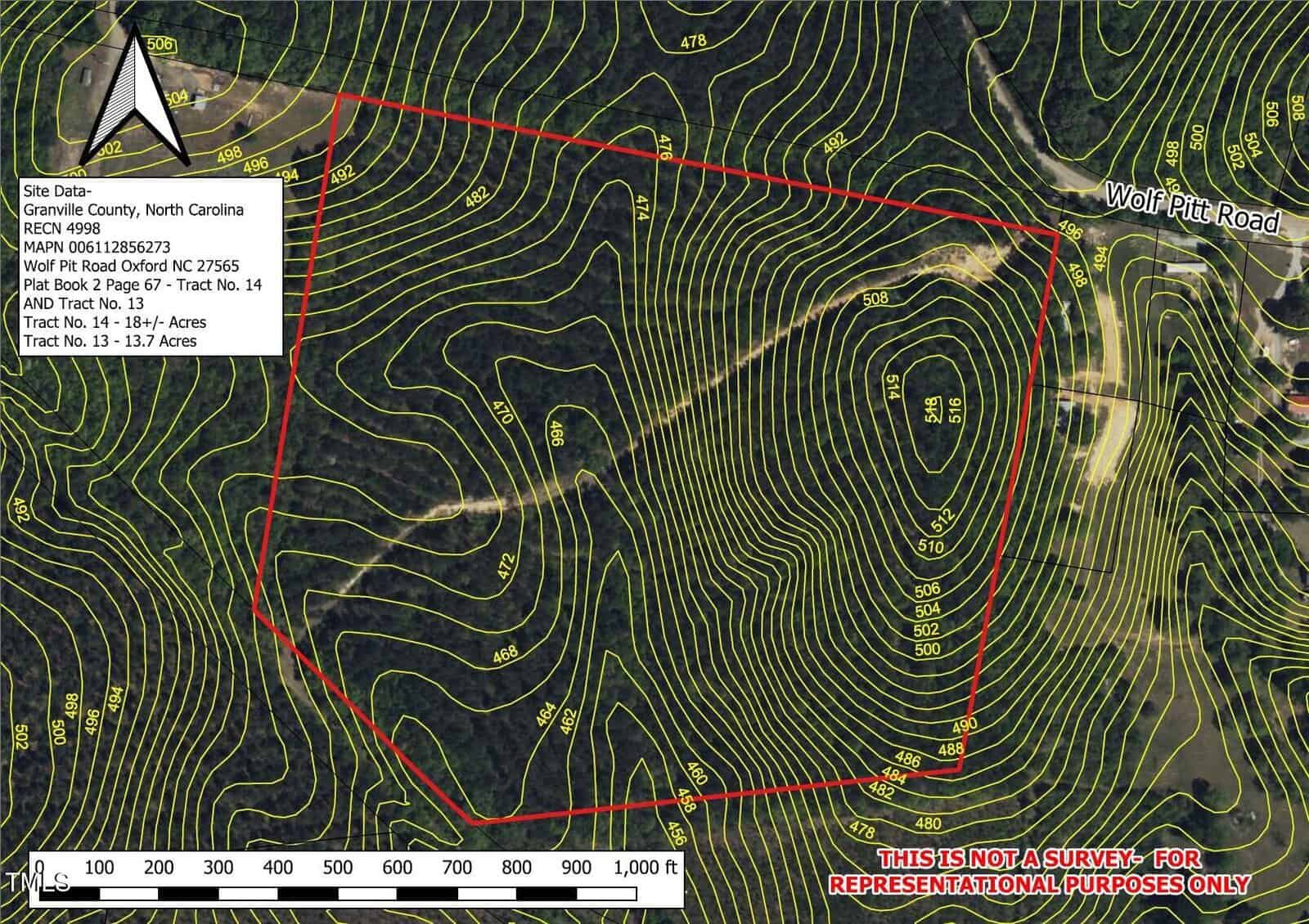 Aerial map with overlaid topographic contour lines, showing a marked tract of land in Granville County, North Carolina, near Wolf Pitt Road. The map includes elevation numbers and a note stating it is not a survey.