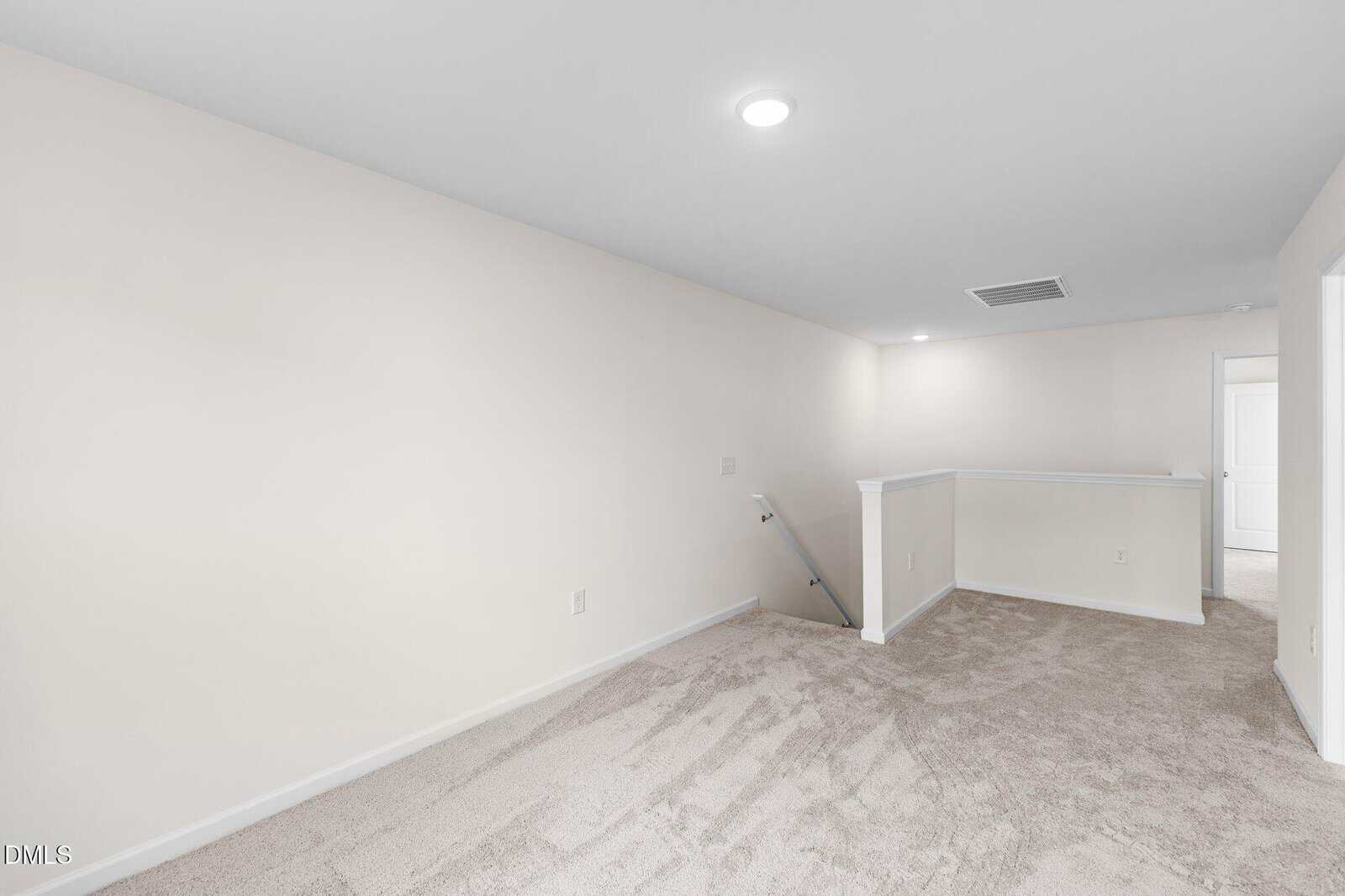 A carpeted upstairs hallway with off-white walls, a ceiling light, and a staircase with a half-wall railing leading down. A white door is visible at the end of the hall.