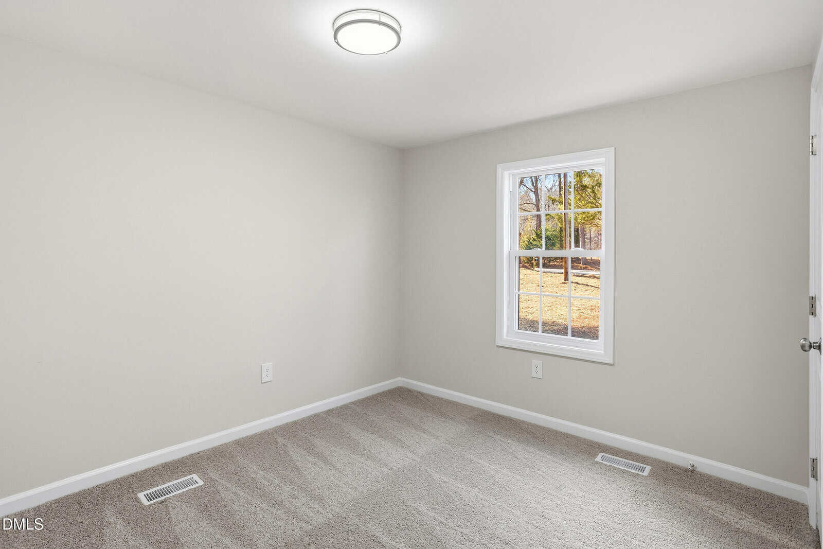 Empty room with light gray walls, beige carpet, a white ceiling light fixture, a single window letting in daylight, and a white door. The room appears clean and newly renovated.