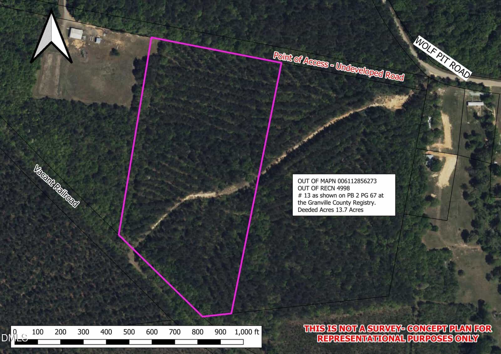 Aerial view of a wooded land parcel outlined in purple, with nearby roads, undeveloped access, and a label noting 13.7 acres. The map is marked for representational purposes only.