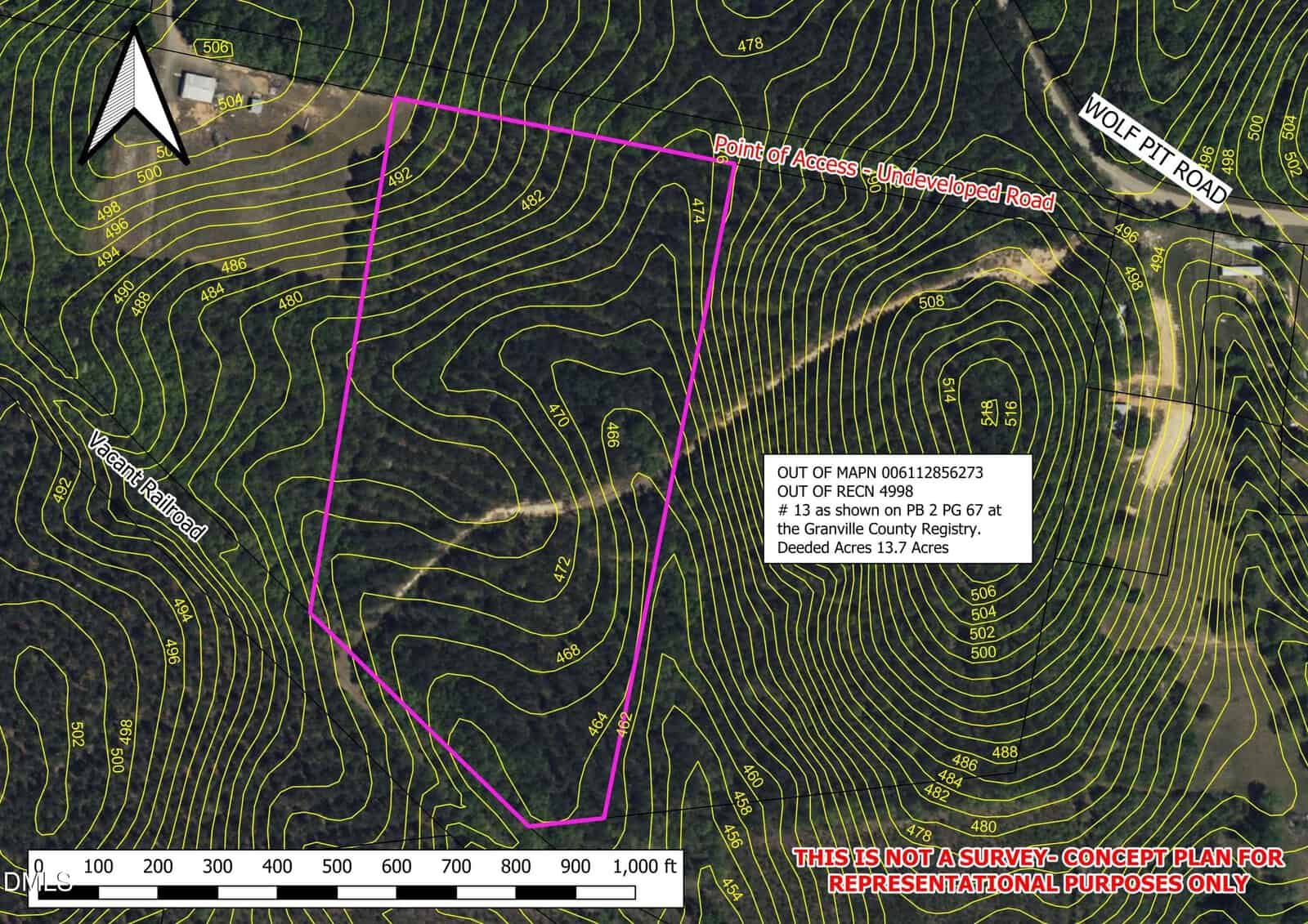 Aerial map showing a 13.7-acre wooded land parcel outlined in pink, with contour lines, access from Wolf Pit Road, and a label noting this is a concept plan for representational purposes only.