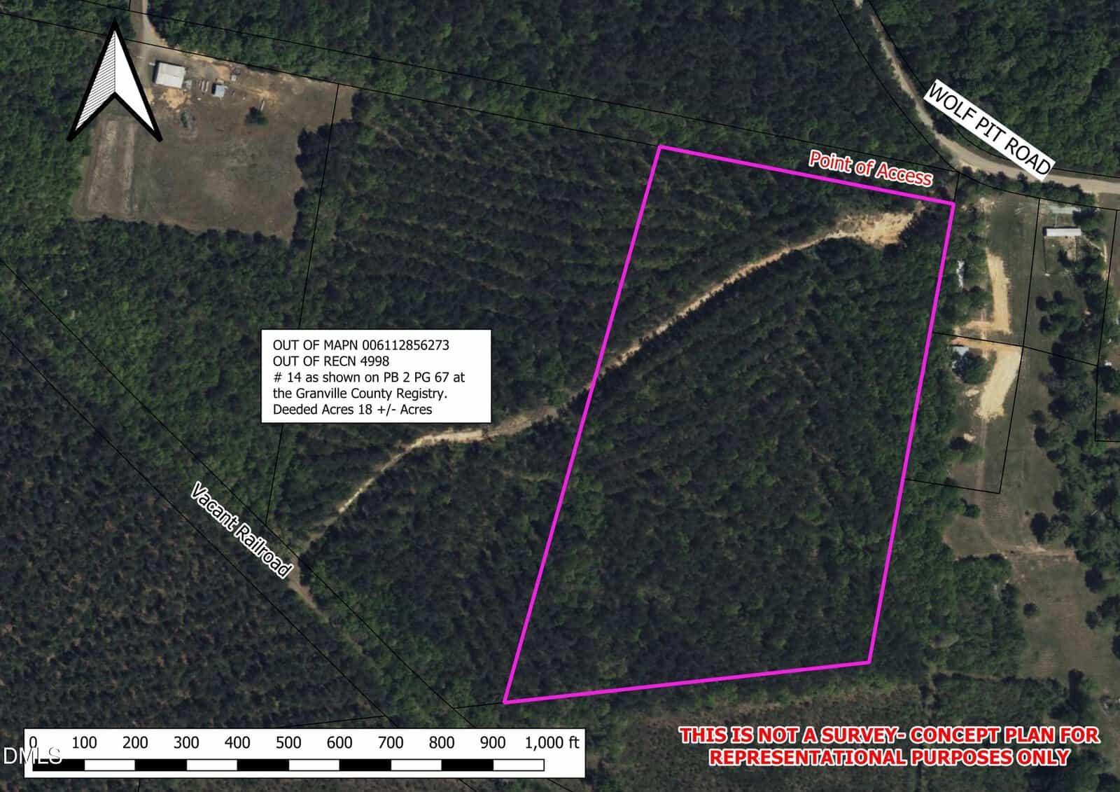 Aerial map showing an 18+ acre wooded property outlined in pink, with a labeled access point from Wolf Pit Road. Neighboring roads and a scale bar are included. Text notes this is a concept plan, not a survey.