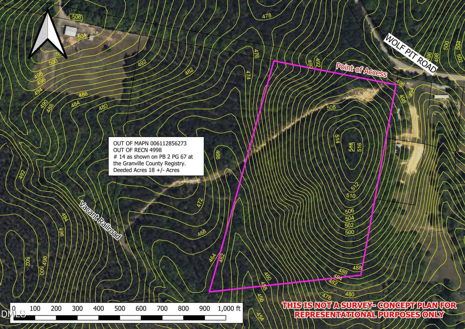 Aerial map showing a wooded property outlined in pink, labeled "Point of Access" near Wolf Pit Road. Yellow elevation contour lines and labels are overlaid. Notes emphasize the image is a concept plan, not a survey.