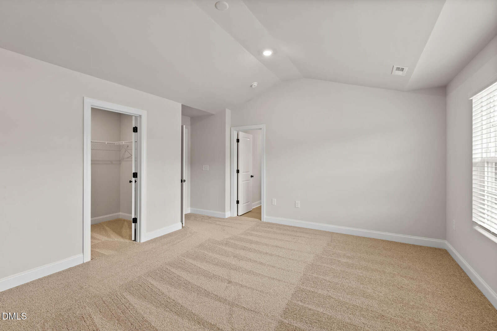 A spacious, empty bedroom with beige carpet, light gray walls, and white trim. There are two open doors revealing a closet and a bathroom, with a large window letting in natural light on the right.