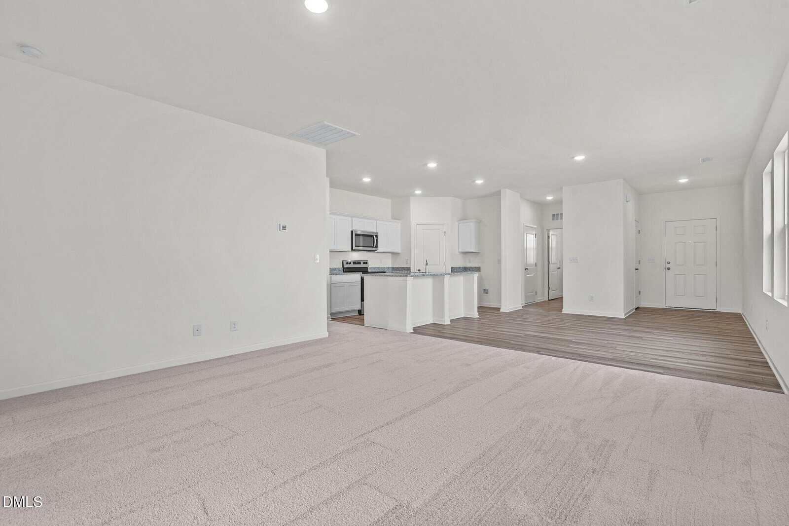 Open-concept living area with light carpet, adjacent to a modern kitchen featuring stainless steel appliances, white cabinets, and an island. The entryway and kitchen have wood flooring, and multiple windows provide natural light.