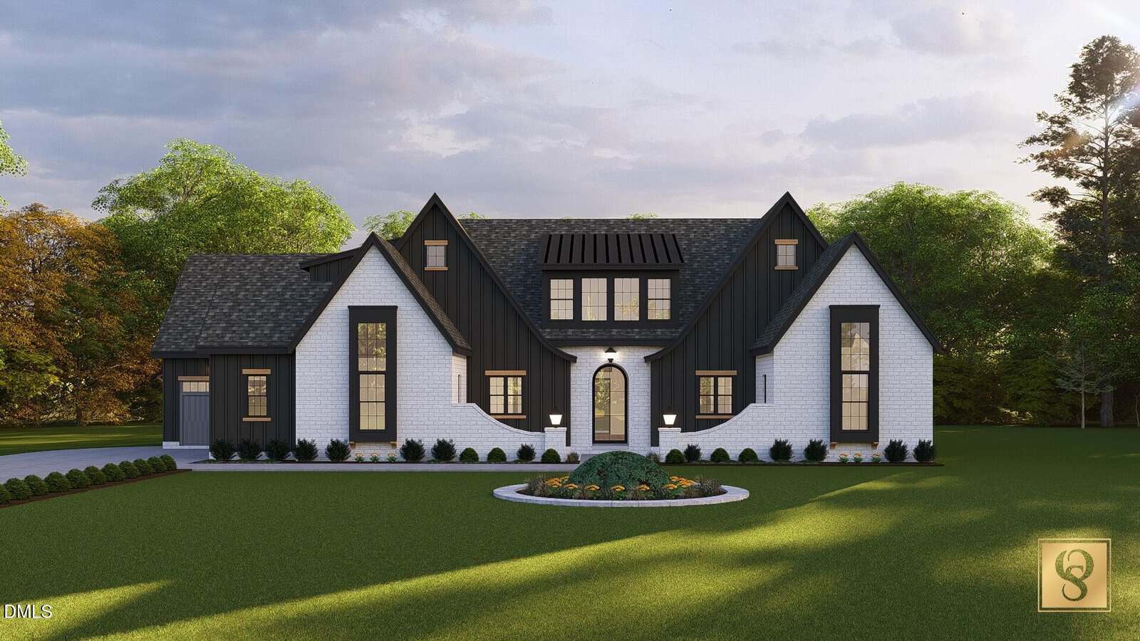 A modern two-story house with white brick walls, black vertical siding, a dark metal roof, large windows, and a landscaped front yard featuring a circular flower bed. Trees and a partly cloudy sky are in the background.