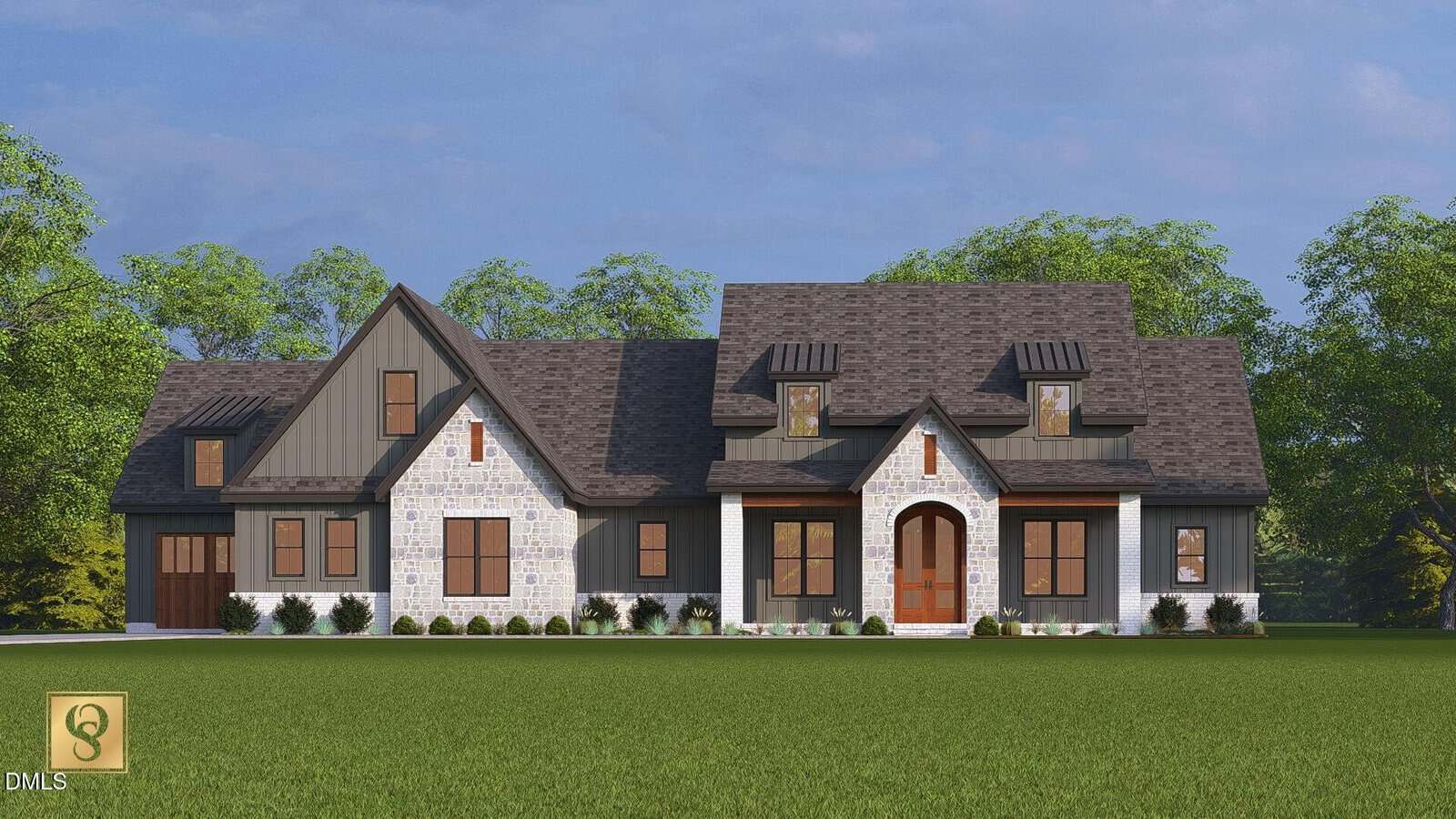 A large, modern farmhouse-style home with stone and dark siding exterior, gabled roofs, prominent dormer windows, and a wide front lawn, set against a backdrop of green trees and blue sky.