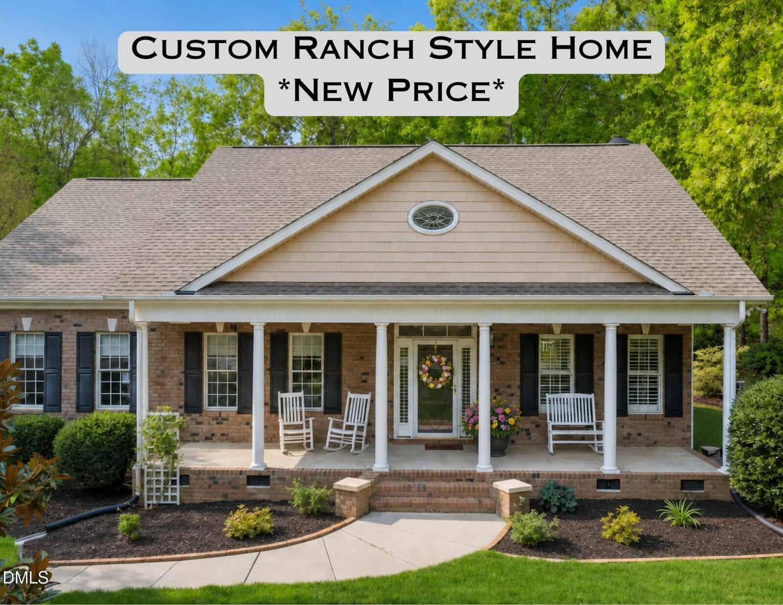 A brick ranch-style house at 120 Georgetown Woods Drive, Youngsville, features white trim, columns, rocking chairs on the porch, a wreath on the door, and green trees in the background. Overlaid text reads: "Custom Ranch Style Home *New Price*".