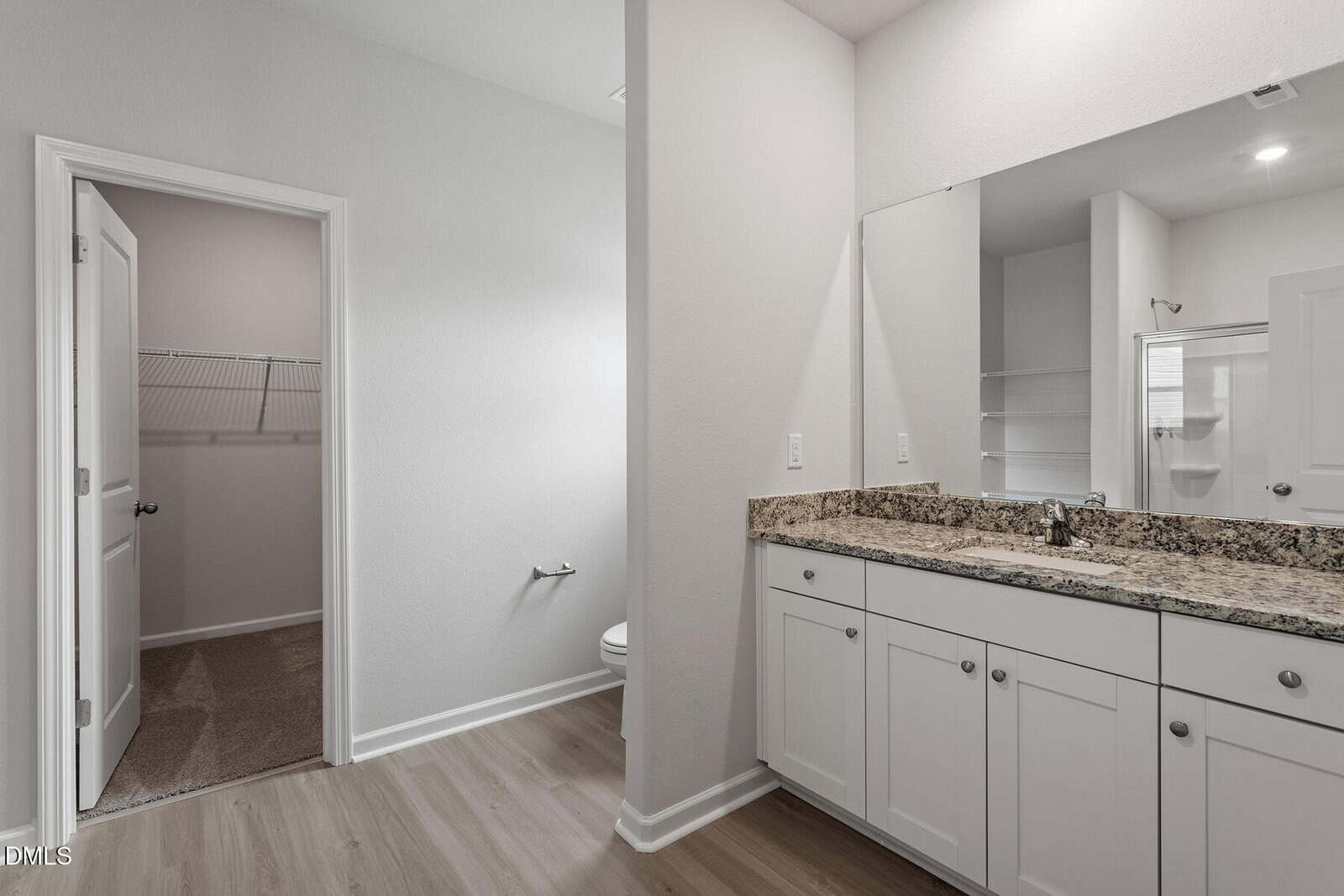 Modern bathroom with white cabinets, granite countertop, large mirror, light wood flooring, and a walk-in closet with shelving. Toilet is partially visible behind a dividing wall. Neutral color palette throughout.