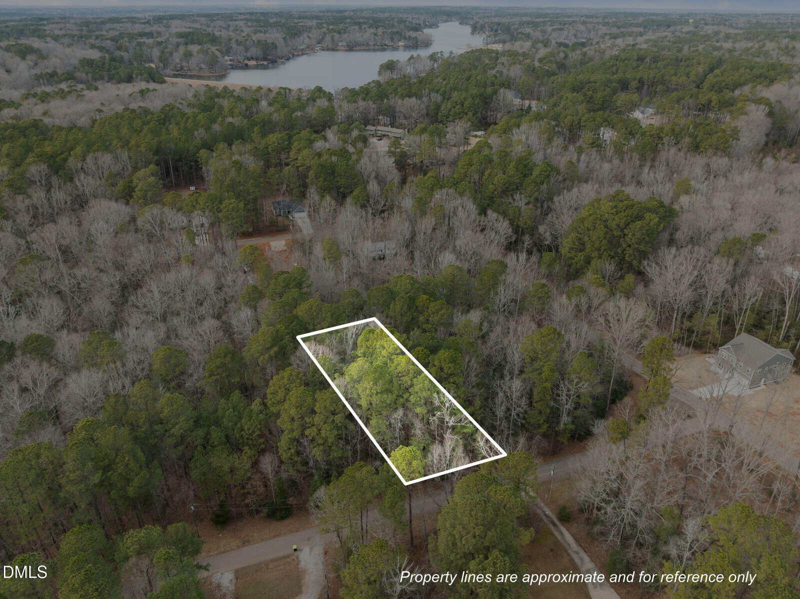Aerial view of a wooded residential lot outlined in white, surrounded by dense trees and a few houses nearby. A lake is visible in the background, and a road runs along one side of the lot. Text notes property lines are approximate.