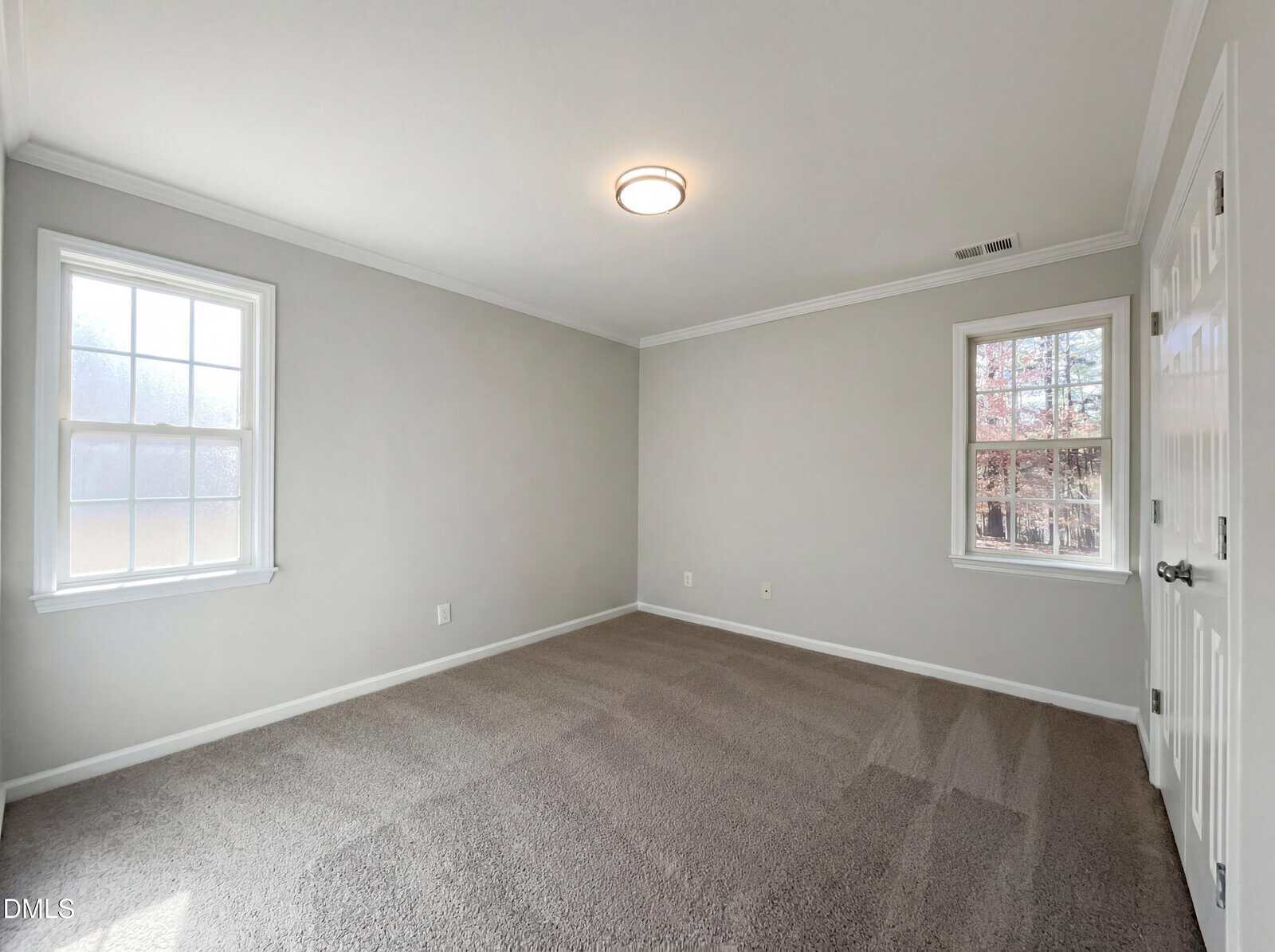 Empty room with beige carpet, light gray walls, two windows letting in natural light, and a ceiling light fixture. White trim and doors add contrast. The room appears clean and spacious.