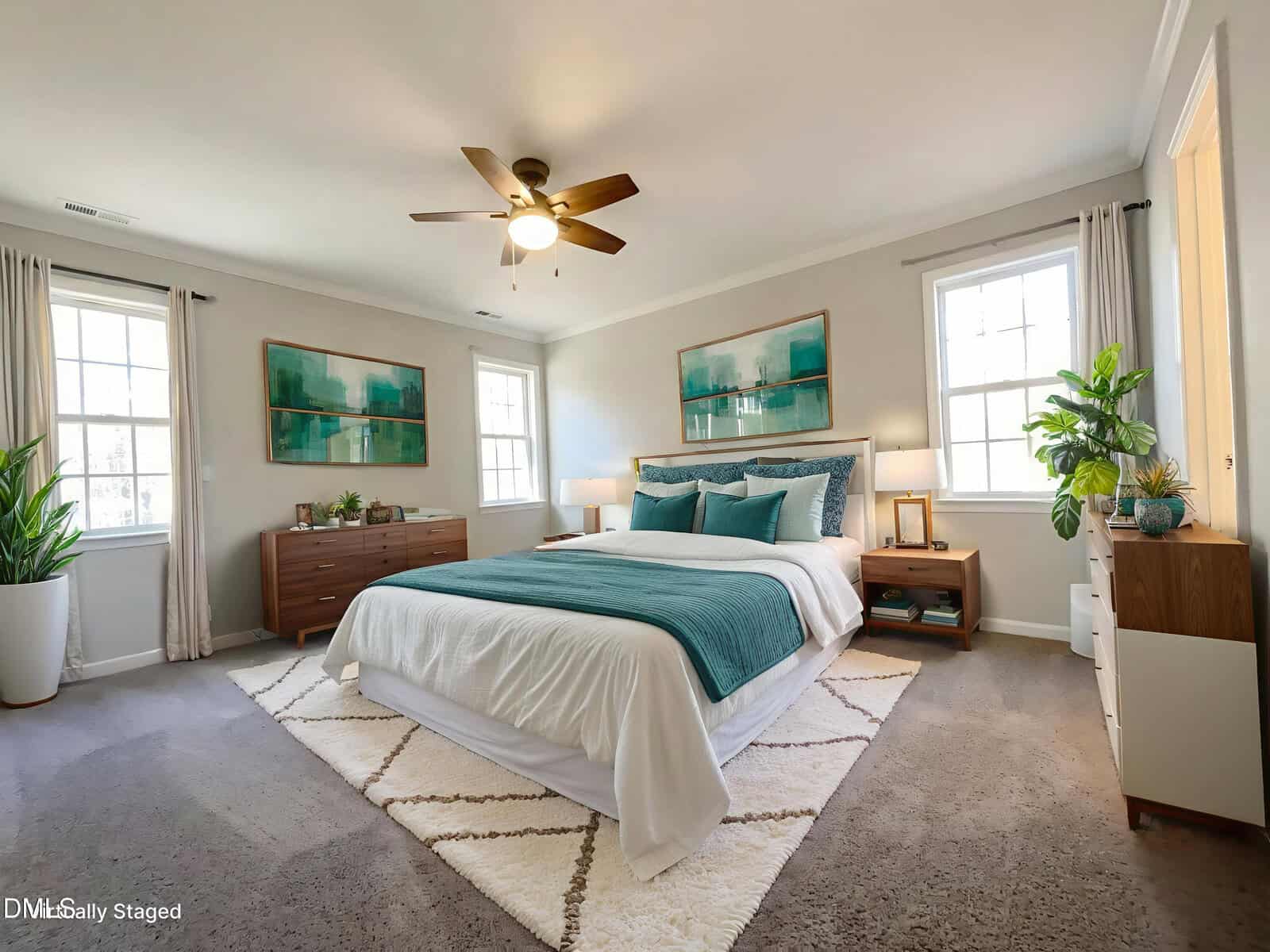 A spacious bedroom with a large bed, teal bedding, wooden furniture, indoor plants, two windows, and abstract artwork above the headboard. A ceiling fan and neutral decor create a cozy, modern atmosphere.