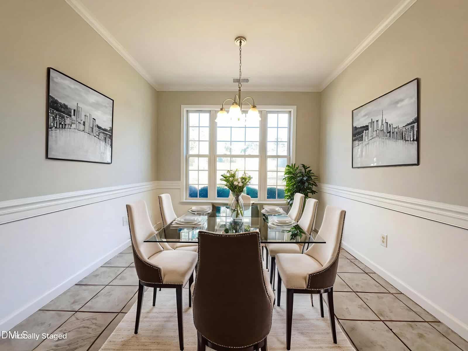A dining room with a glass table set for six, beige upholstered chairs, a beige rug, and two black-and-white cityscape artworks on the walls. Large windows let in natural light, and a plant stands in the corner.