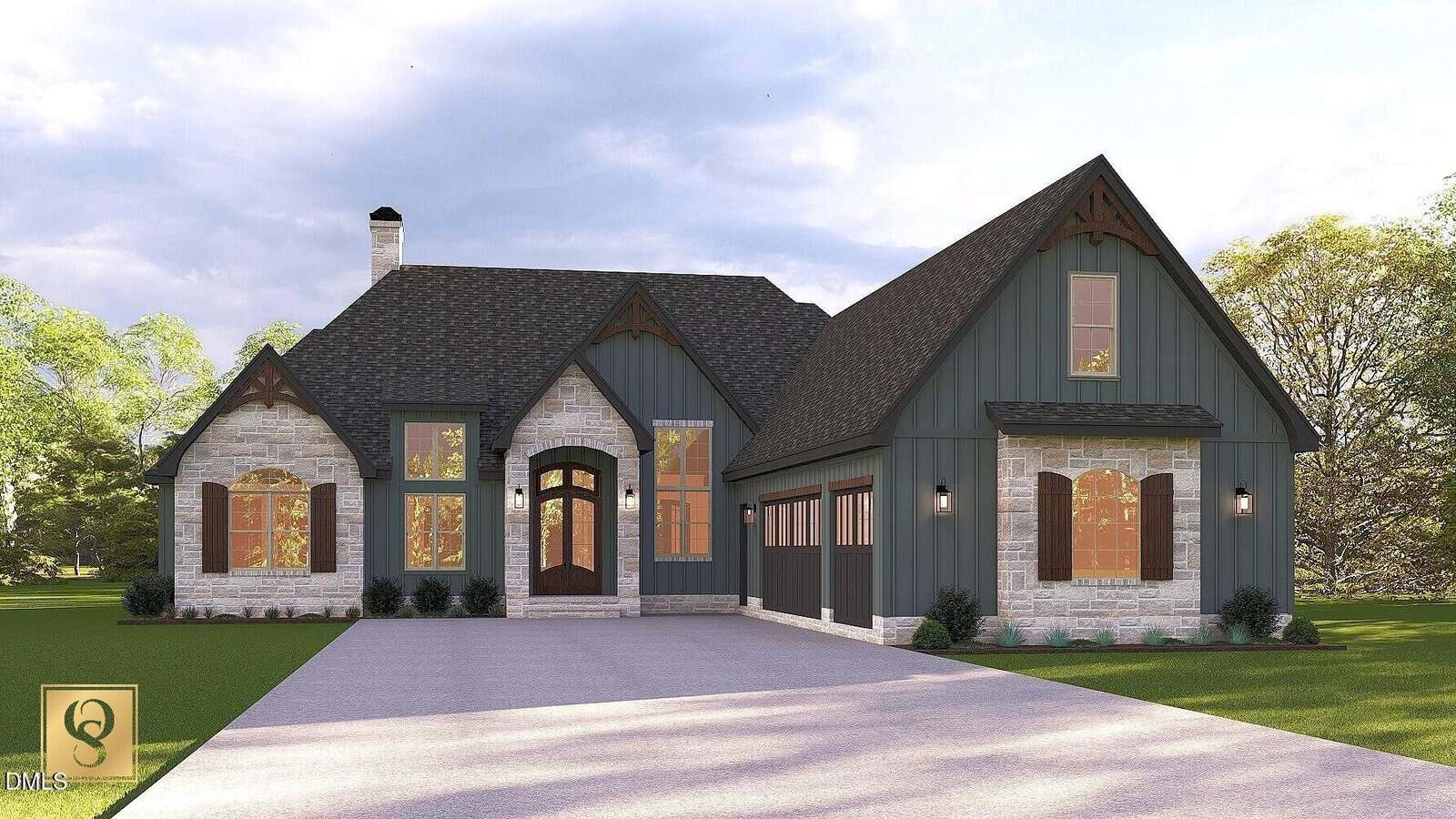 A modern house at 40 Jessup Drive in Franklinton with dark gray siding and stone accents, featuring large windows, a wooden front door, and a three-car garage. The home sits on a spacious green lawn under a partly cloudy sky.