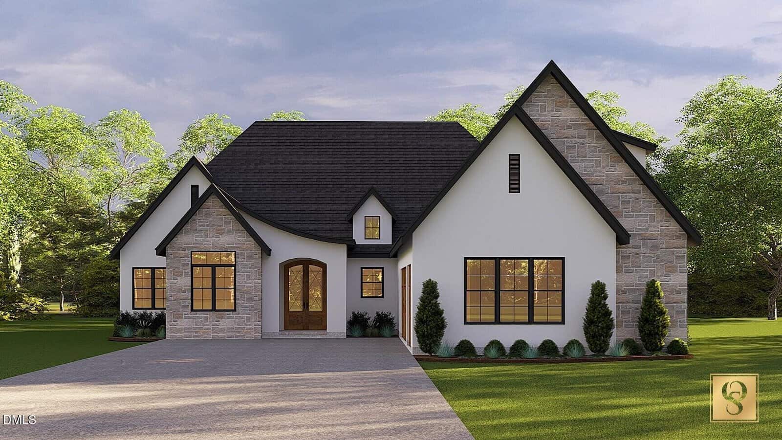 Modern suburban house at 50 Ashbrooke Falls Drive in Franklinton, featuring light stone and white exterior, black roof, large windows, and landscaped shrubs, set against a backdrop of trees under a partly cloudy sky.