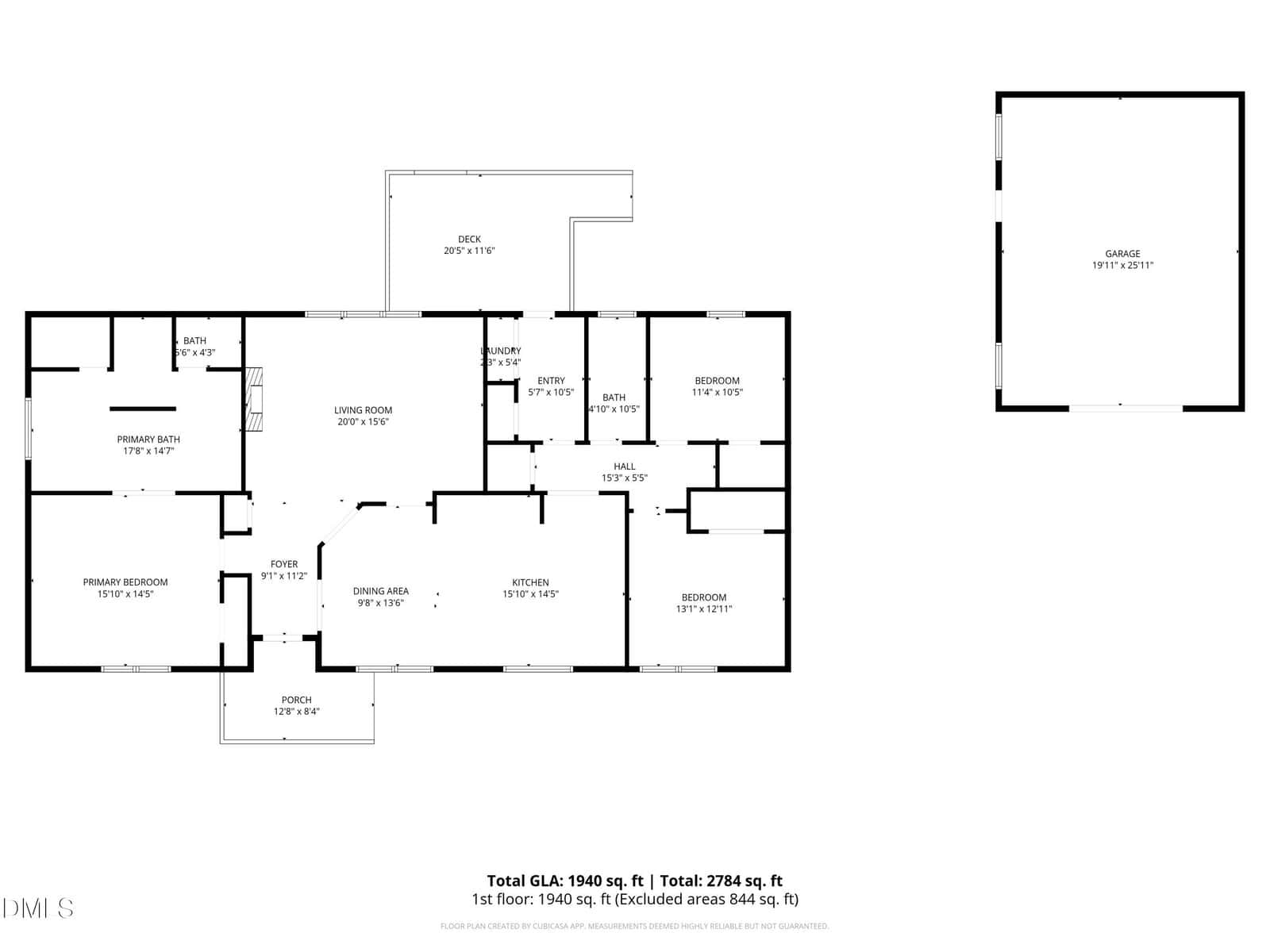 Black and white floor plan showing a 1,940 sq. ft. single-story house layout with labeled rooms, dimensions, and a detached two-car garage. Total area including excluded spaces is 2,784 sq. ft.