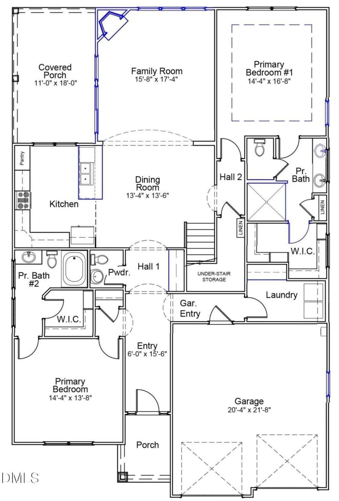 Floor plan of a single-story house showing rooms including two bedrooms with walk-in closets, two and a half baths, kitchen, dining, family room, laundry, entry, covered porch, and a two-car garage.