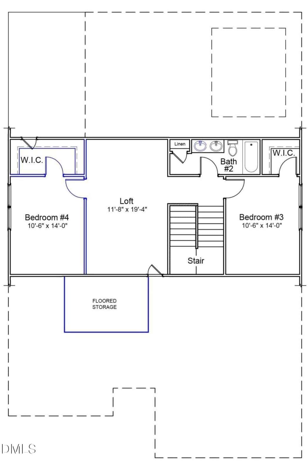 Floor plan of an upper level showing two bedrooms, each with a walk-in closet, a shared full bathroom, a central loft area, linen closet, staircase, and a section labeled floored storage.