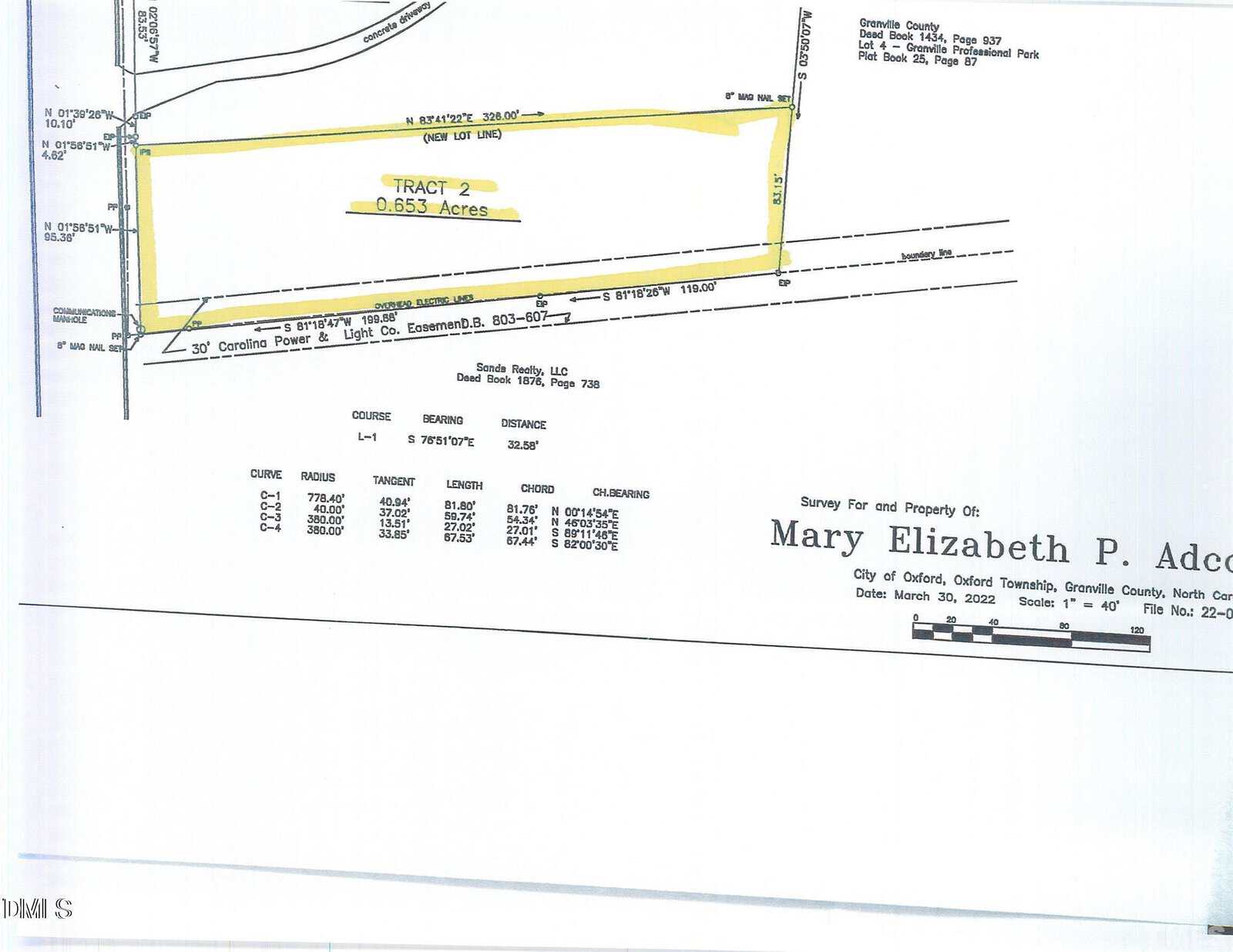 Survey map showing a rectangular land plot labeled Tract 2, 0.6535 acres, outlined in yellow. Adjacent lot lines, easements, and measurements are shown. Survey is for Mary Elizabeth P. Adcock, dated March 30, 2022.