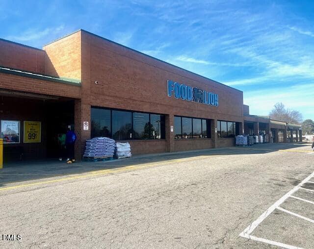 A brick Food Lion grocery store with a blue sign, bags of goods stacked outside, a person walking near the entrance, and an empty parking lot under a clear blue sky.
