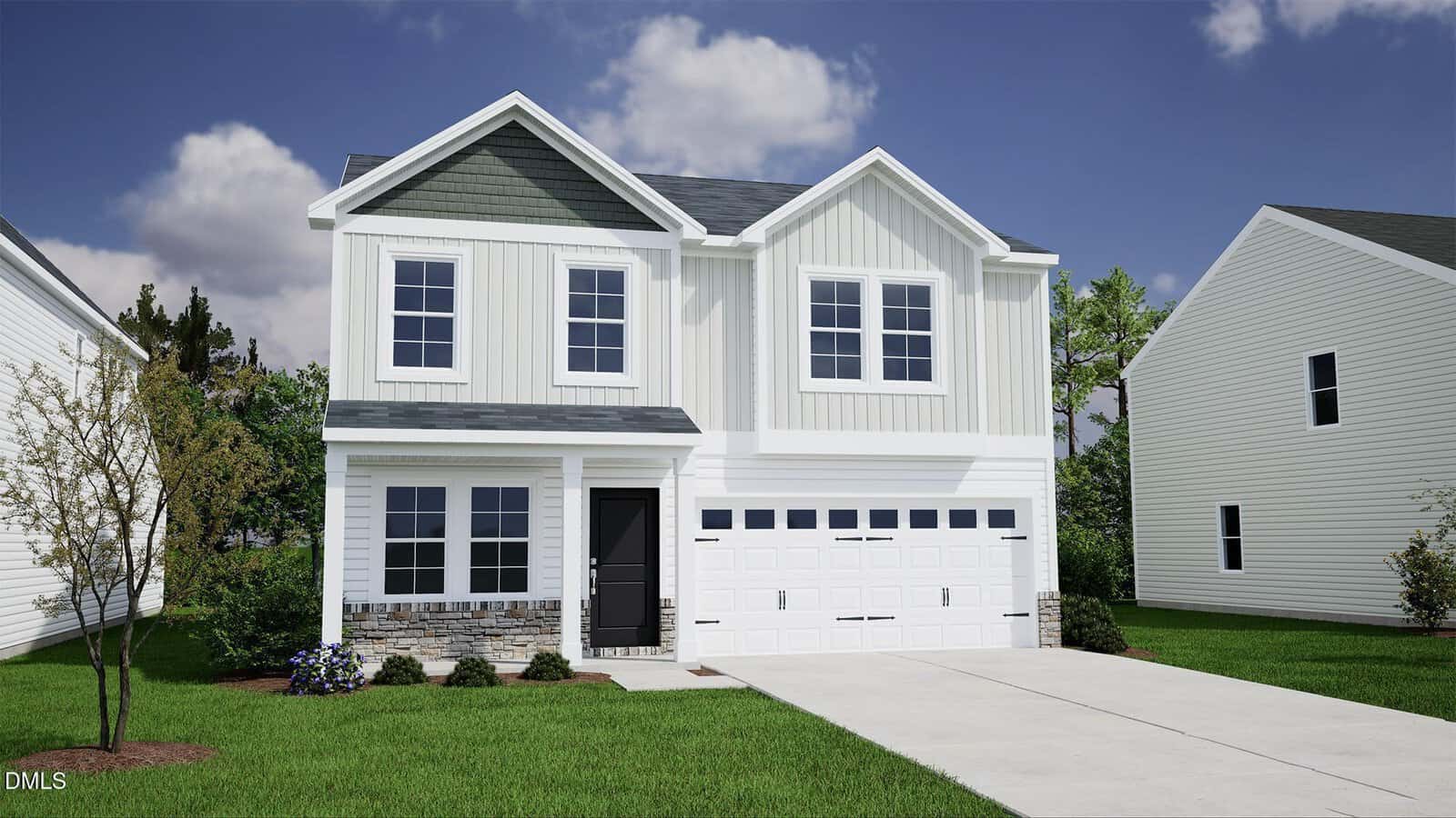 Situated in Youngsville, this beautiful two-story white house at 17 Heartleaf Square features a gray roof, striking stone accents near the base, double garage doors, and a charming small front porch. Surrounded by lush green grass, manicured bushes, and neighboring homes under a partly cloudy sky, this residence offers both comfort and curb appeal.
